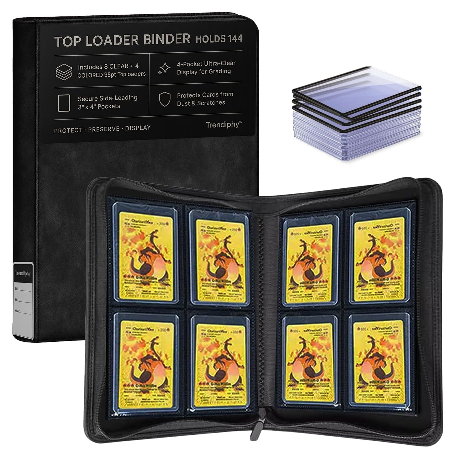 Trendiphy Top Loader Binder, 4 Pocket (3" x 4"), Holds 144 Toploaders, Includes 12 Toploaders (8 Clear + 4 Color Matched), Side-Loading Zippered Binder for TCG, MTG & Sports Cards (Black)