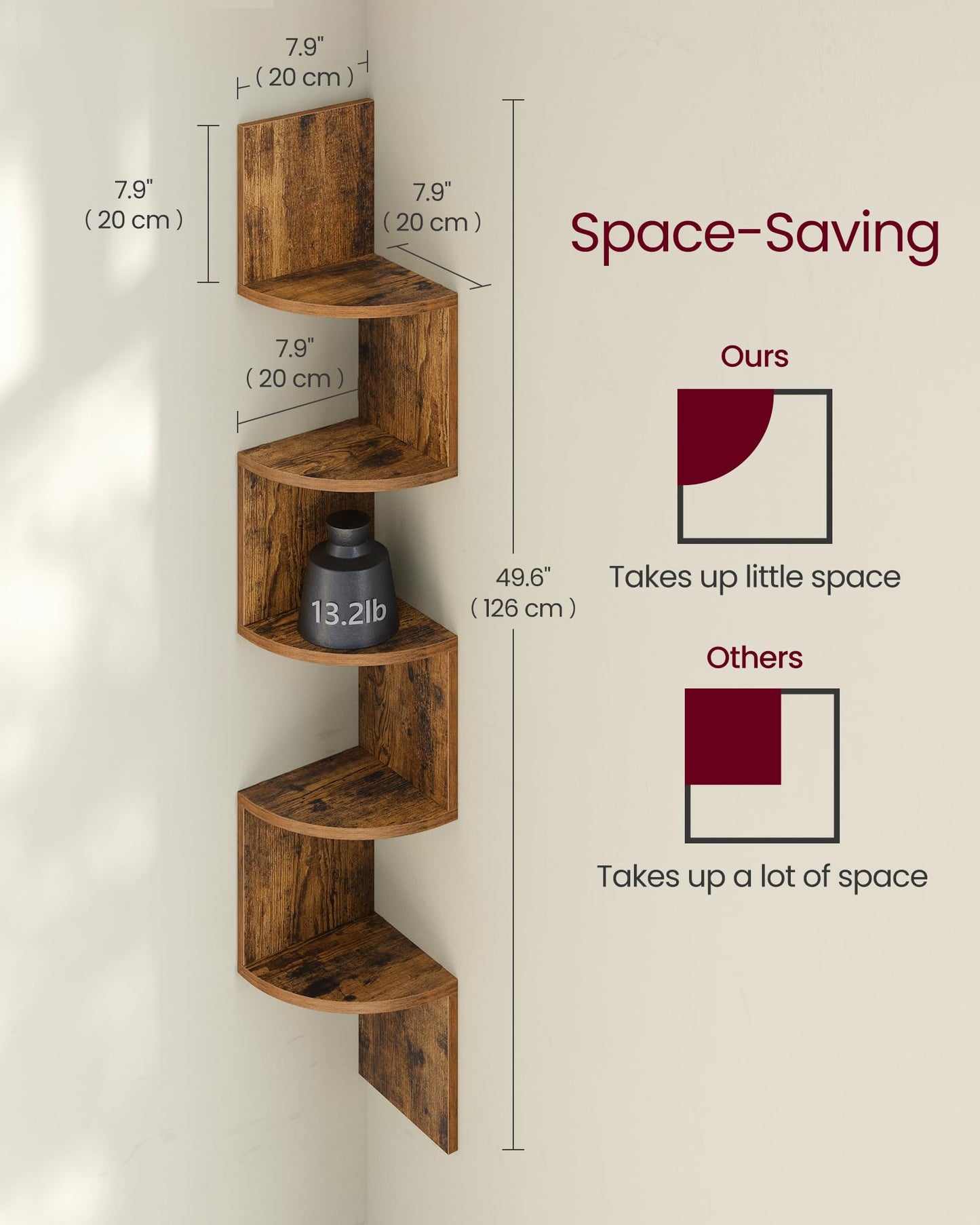 VASAGLE Corner Shelf Wall Mount, 5-Tier Floating Corner Bookshelf, Plant Shelf for Bedroom, Living Room, Bathroom, Home Office, Rustic Brown