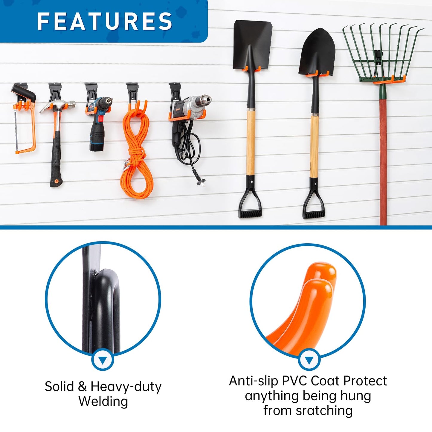 Multi-Size Slatwall Hooks 14 Pack, Wall-Mount Garage Slatwall Accessories, Heavy Duty Utility Slatwall Hooks for Garden, Garage, Workshop (Orange)