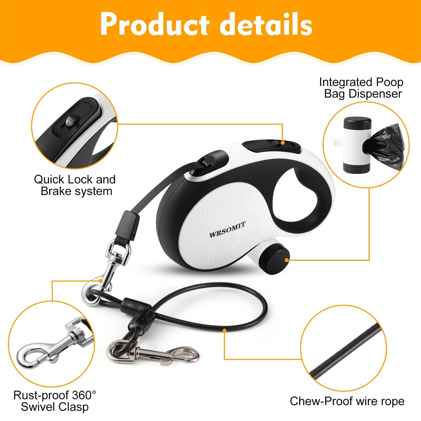 WRSOMIT Retractable Dog Leash with Chew Proof Cable, 26Ft Heavy Duty Dog Leash for Medium Large Dogs up to 110lbs, 360° No Tangle, One-Handed Brake