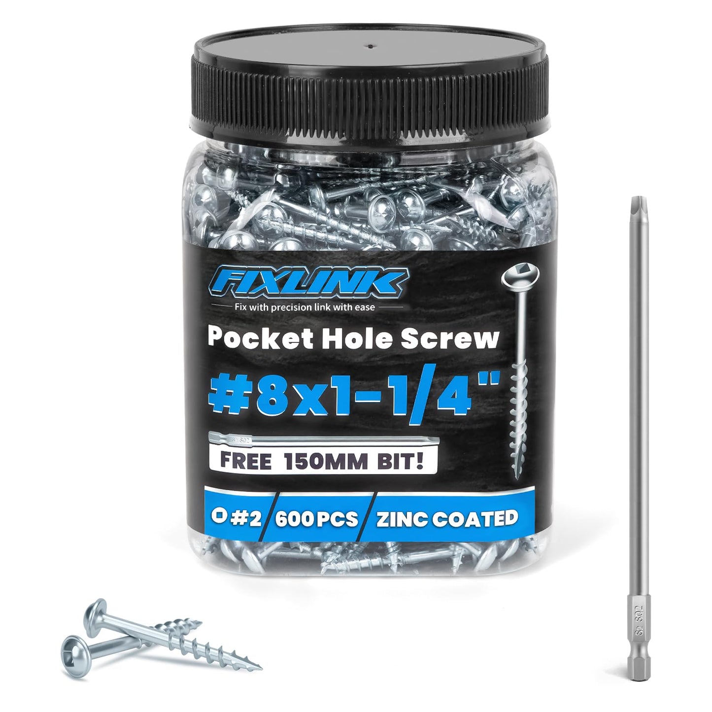 Pocket Hole Screws 1-1/4 Inch, FIXLINK Pocket Screws #8 X 1-1/4", 600 PCS, Zinc Coated Pocket Hole Screw for Outdoor, Square Drive, 150MM Drive Bit Included
