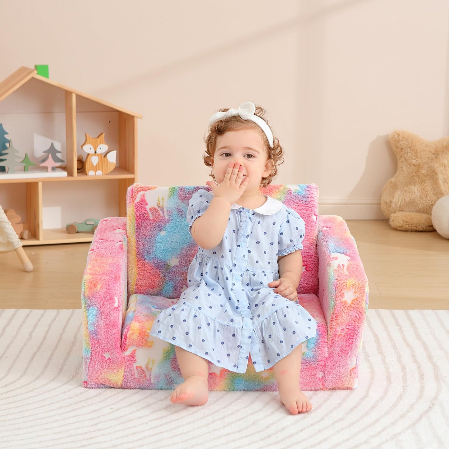 Kisdsa Toddler Couch Fold Out, Foldable Toddler Chair with Blanket, Flip Out Kids Couch,Glow in the Dark Convertible Sofa Gift for Girls & Boys (Glow Pink)