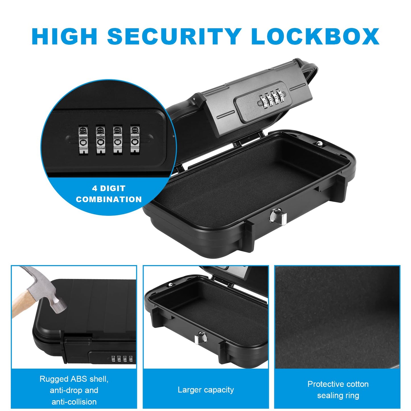 Travel Safe Portable Small Beach Safe Box with 4 Digital Combination Waterproof Security Case Lock Case with Removable Wire Rope Safety Box for Home Office Hotel Cars Travel