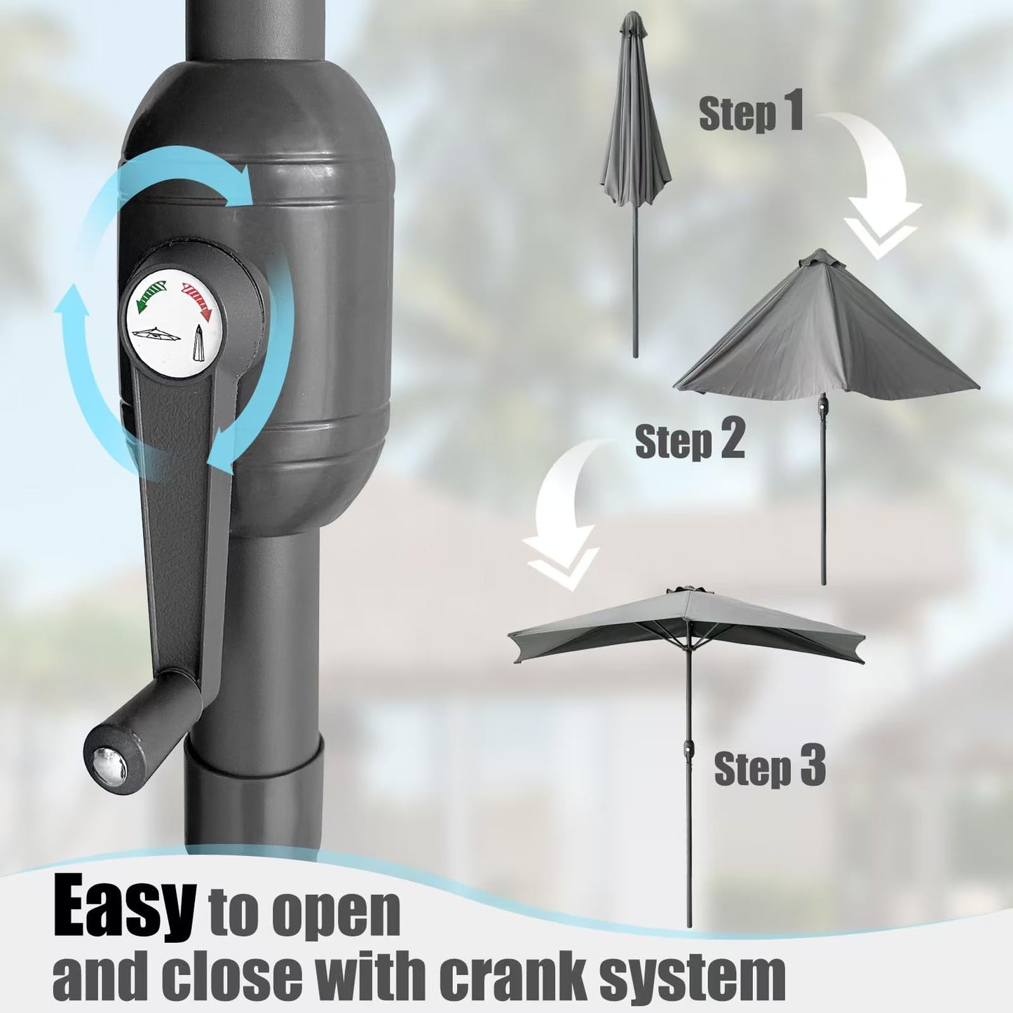 SONGBATE 9ft Steel Half Patio Umbrella with Crank Mechanism, UV- and Water-Resistant Fabric, Ideal for Backyard, Deck, and Garden Shade Solution with 5 Ribs (Carbon Gray)