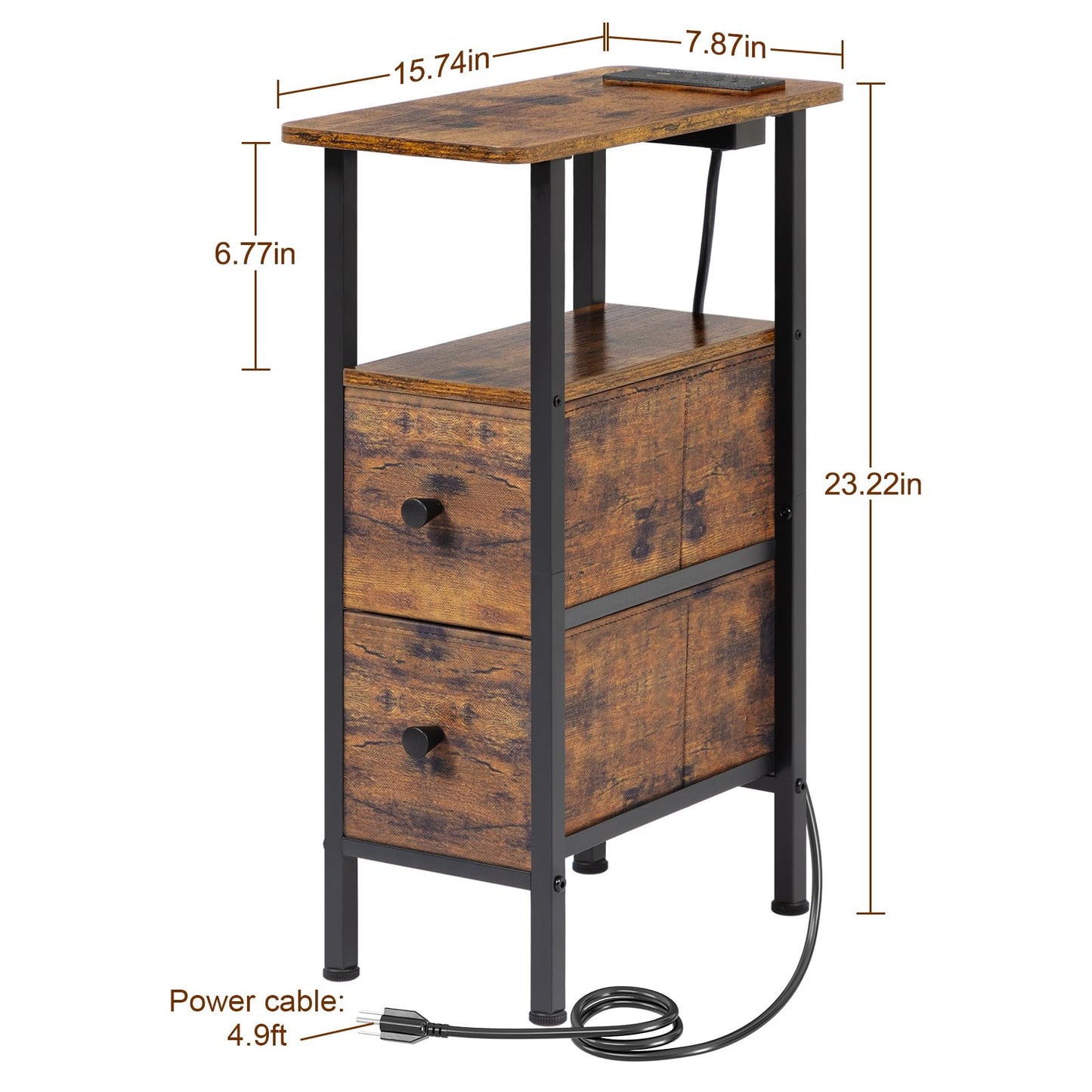 LOAKEKEL Narrow End Table with Charging Station, Skinny Side Table with 2 Fabric Drawers, Slim Nightstand for Living Room, Bedroom, Couch, Small Spaces, Rustic Brown, HETNDP02PBR-1