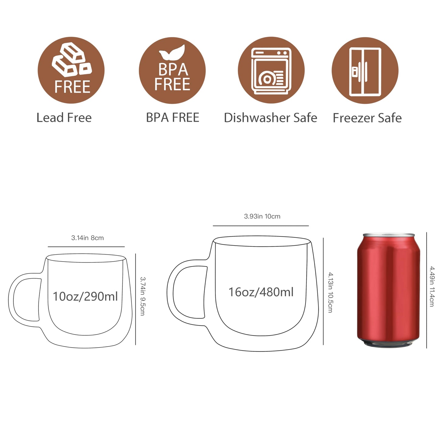 CNGLASS 16oz Double Walled Glass Coffee Mugs(4-Pack),Large Clear Coffee Cups with Handle,Glass Espresso Mugs for Latte,Cappuccino,Tea