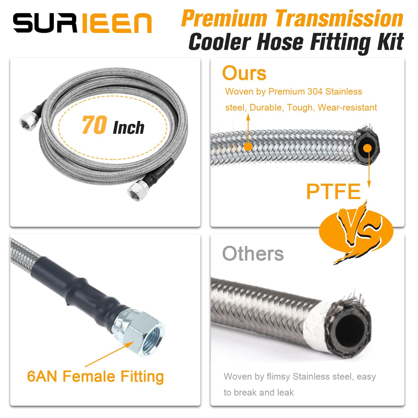 SURIEEN 6AN 70" Transmission Fluid Oil Cooler Hose Line Kit, SS Braided PTFE Transmission Lines Compatible with GM Chevy Ford Turbo 4L60E 4L65E 4L80E TR6060 AOD TH350 TH400 700R4 C5 C6, 2pcs