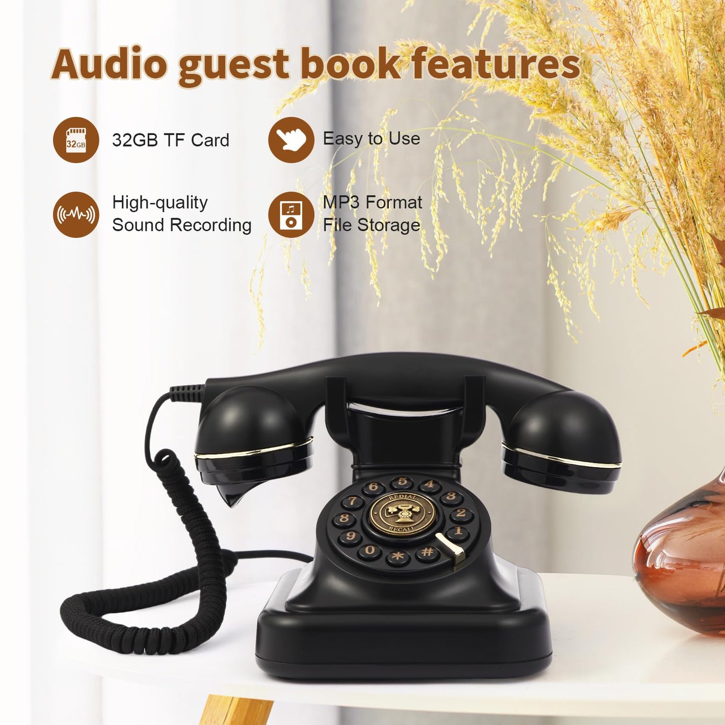 Audio Guest Book Wedding Phone, Audio Guest Book Record Customized Audio Messages Guest Book Alternatives Classic Retro Phone for Parties Birthdays Rentals Confessions Special Occasions (Black)