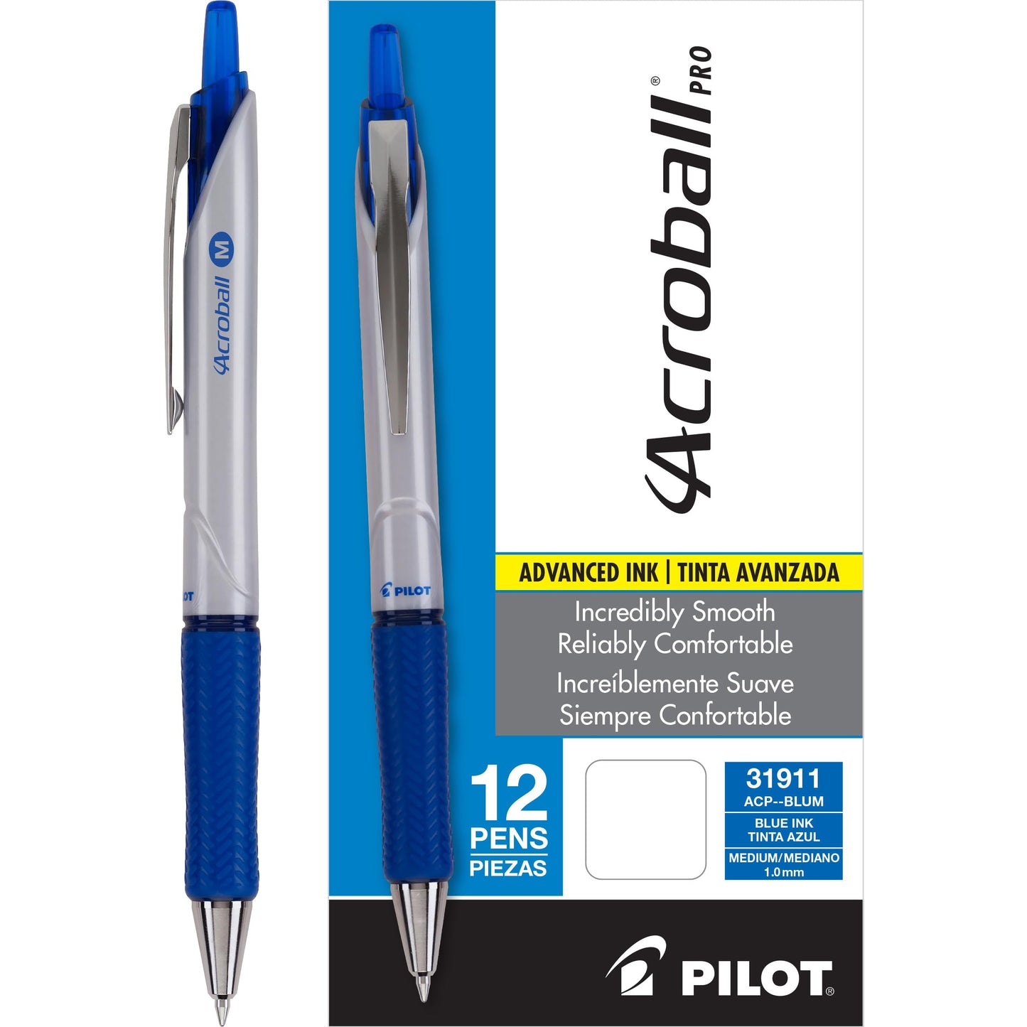 Pilot Acroball Pro Retractable Hybrid Gel Ball Point Pens, Medium Point, Blue Ink, Dozen Box -31911