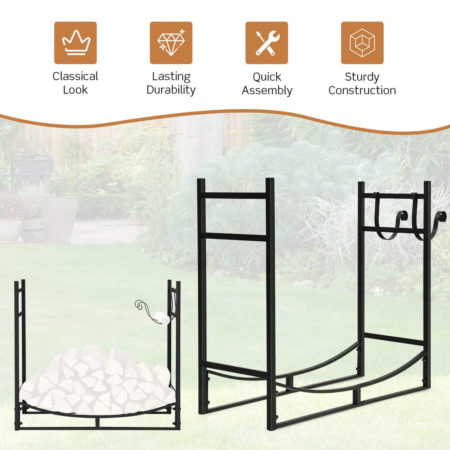 DORTALA 33'' Firewood Rack W/Removable Kindling Holder, Indoor Outdoor Steel Fireplace Wood Organizer, Easy Set-up Log Storage Stacker for Stove, Fire Pit