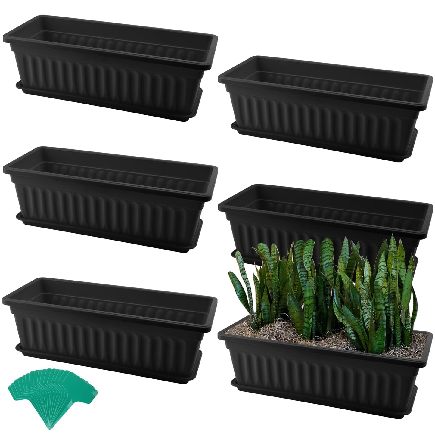 MOUYAT 6 Pcs Black Flower Window Box Planters, 17 x 7.5 x 5.5 Inch Plastic Vegetable Rectangular Flower Plant Pot with Trays and 30 Plant Labels for Garden, Windowsill, Patio, Balcony