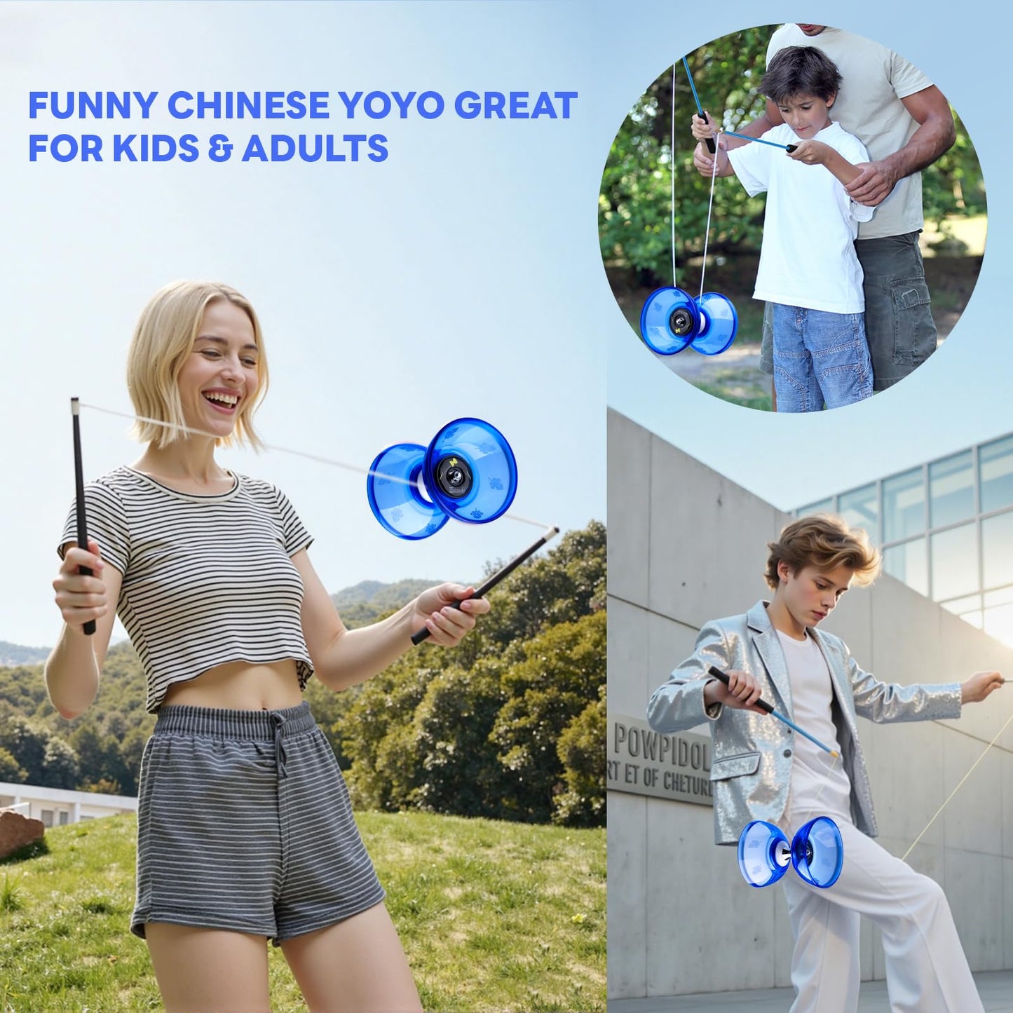 MAGICYOYO Pro Triple Bearing Diabolo Small Size 4” Chinese Yoyo Toy with 2 Pairs Carbon Sticks+ 2 Extra Strings +1 Net Bag, High Performance Chinese Yoyo Diabolo Skill Toy (Blue)