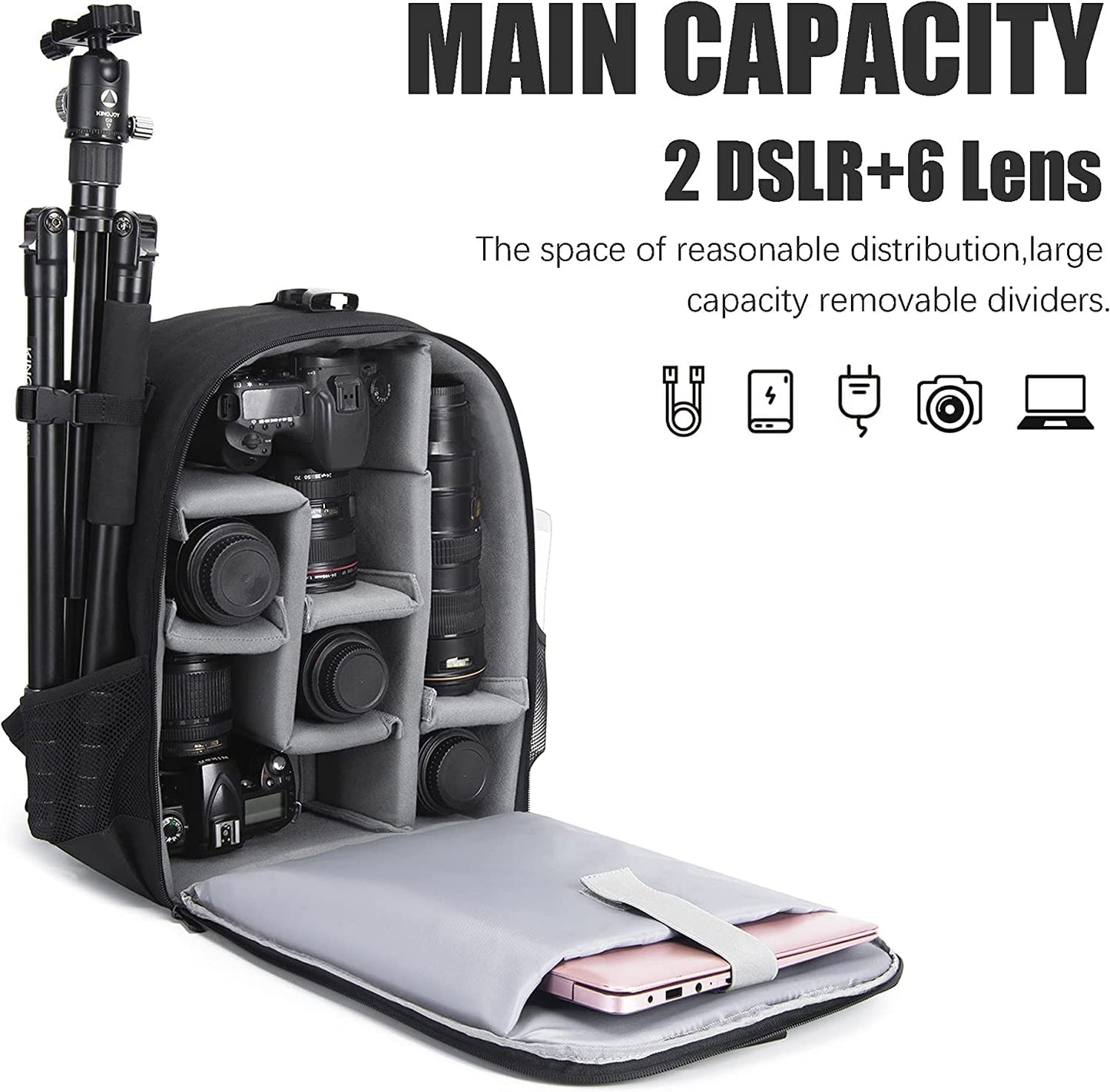 Cwatcun Camera Backpack Bag with Tripod Holder Anti-Theft Waterproof Camera Bag with 15.6' Laptop Compartment Fit for Canon Nikon Sony DSLR SLR Camera for Women Men Photographer (Large, 5.0 Black)