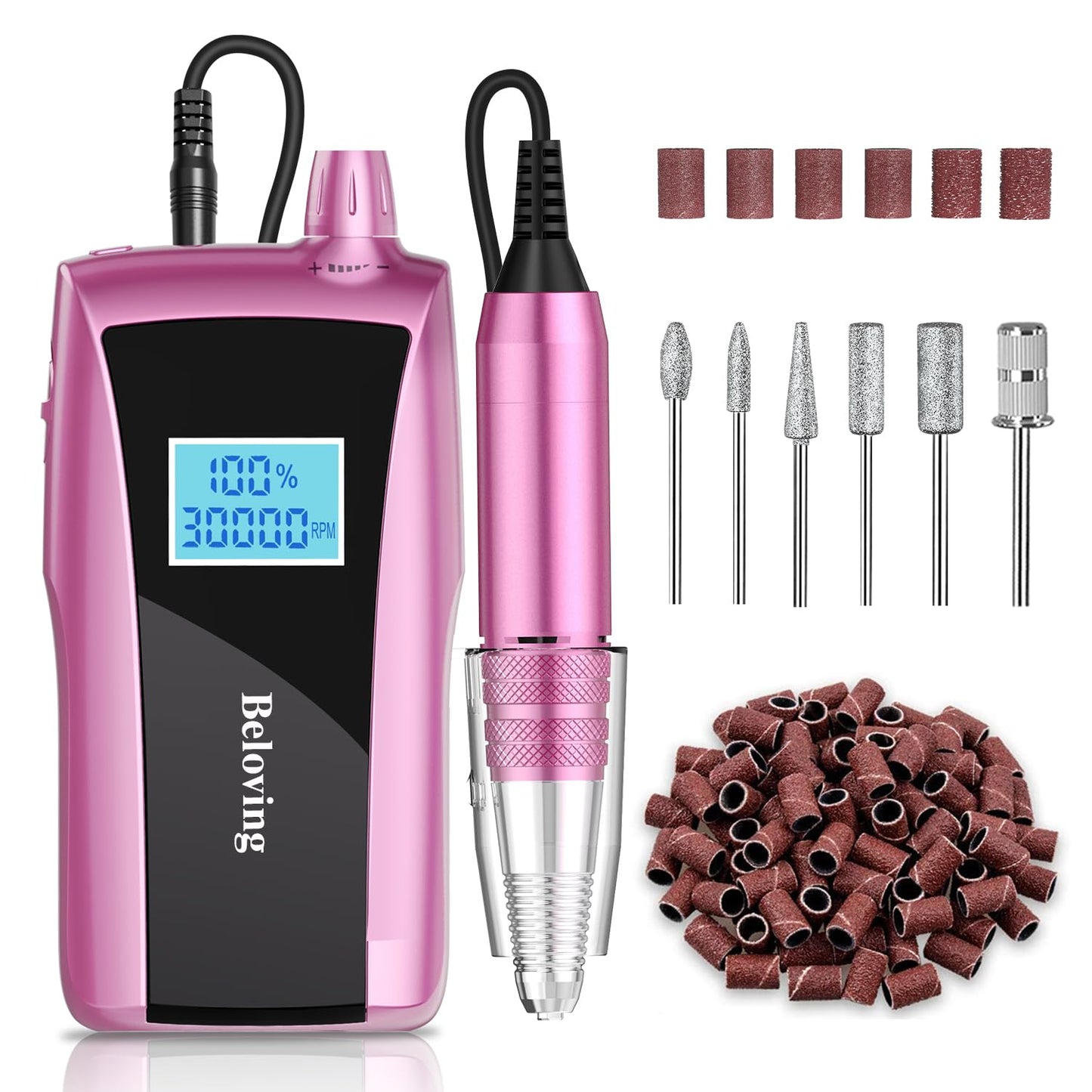 Beloving Rechargeable Portable Nail Drill, 30000rpm Acrylic Nail Drill with LED Display, Professional Electric Nail File Machine Efile Drill for Acrylic Nails, Gel Nails, Cuticle, Manicure, Pedicure, Pink
