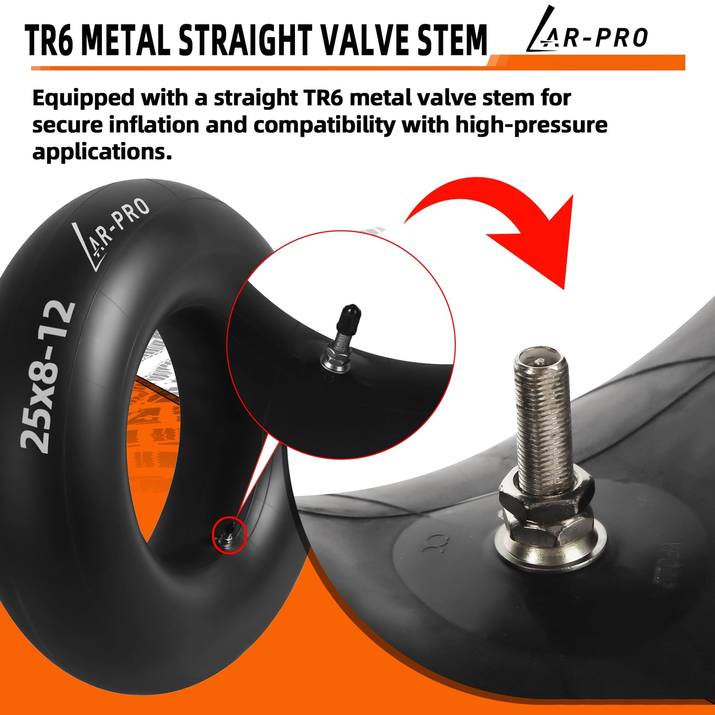 AR-PRO Heavy-Duty 25x8-12 Inner Tubes Universal 25x9-12, 25x10-12 for ATV/UTV, Lawn Tractor, Golf Cart, Snow Blowers, and More - With TR6 Metal Valve Stems - Made from Durable Butyl Rubber (2-Pack)