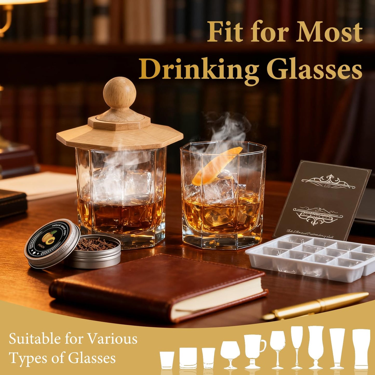 Whiskey Smoker Kit with Torch, Old Fashioned Cocktail Smoker Kit, Christmas Birthday Gifts for Him Dad Men Husband Grandpa, 6 Flavors Wooden Chips, 4 Granite Whiskey Stones, Ice Ball included