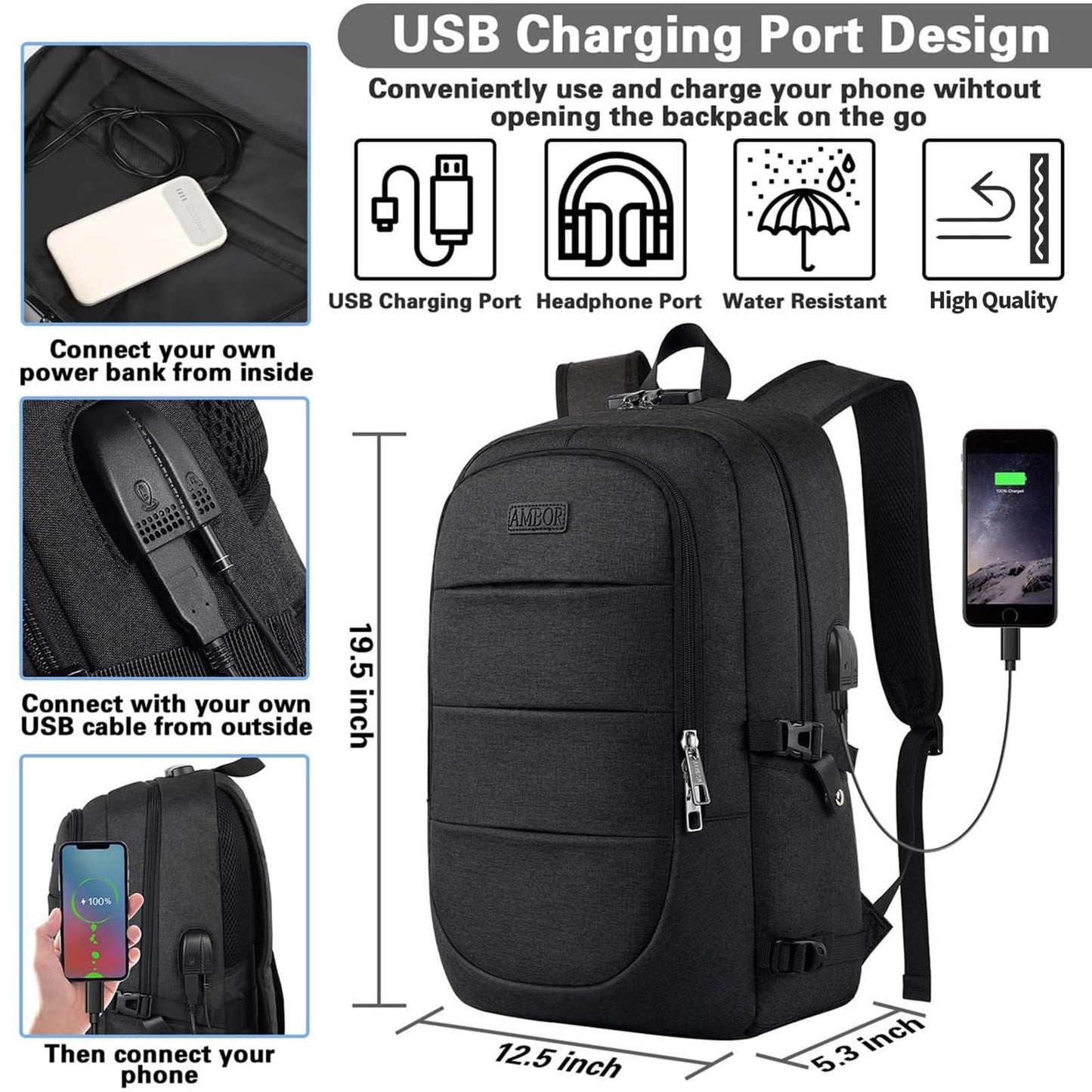 Travel Laptop Backpack, 17.3 inch Anti Theft Business Laptop Backpack with USB Charging Port and Headphone Interface, Computer Backpack for College School Student Work Men & Women