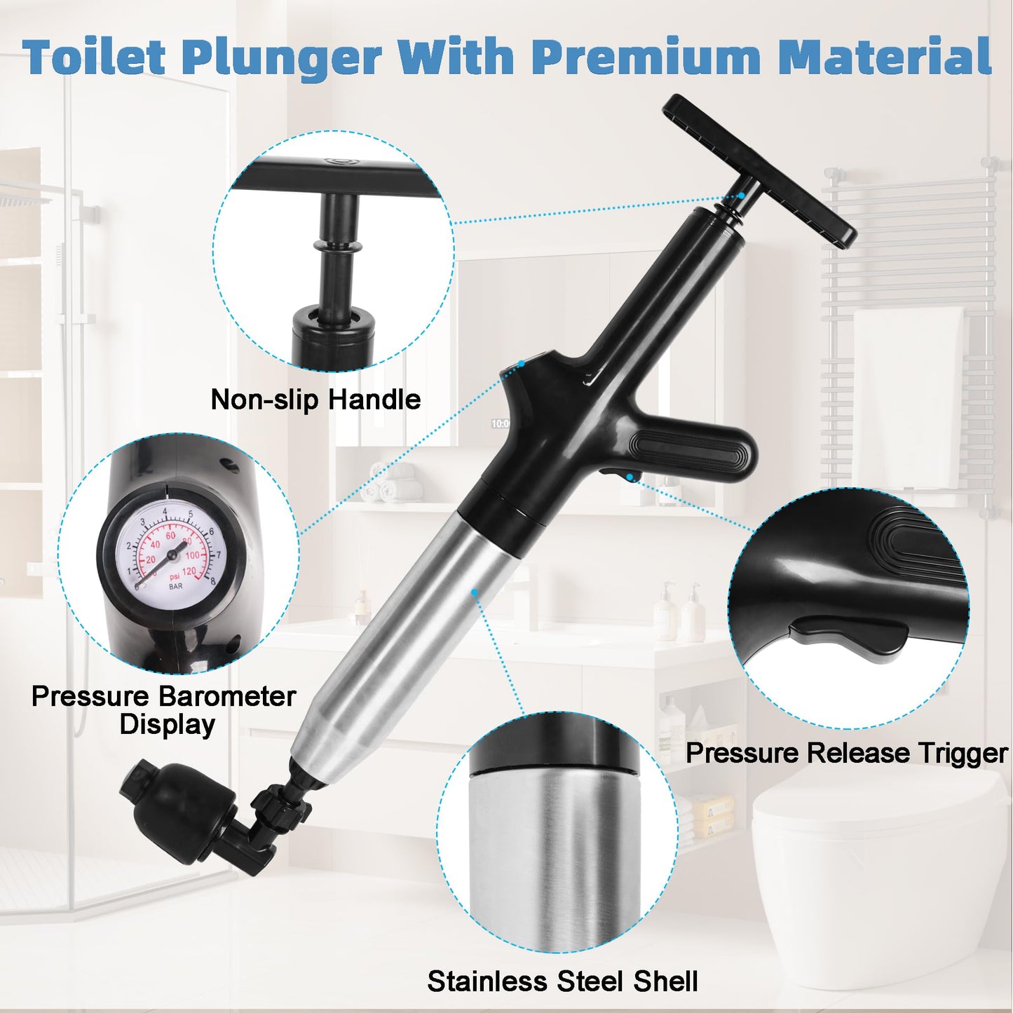 Air Toilet Plunger, Drain Clog Remover, High-Pressure Air Drain Blaster with Real-Time Barometer Powerful Drain Snake Sink Plunger Plumbing Tools, Plungers for Bathroom Sink Floor Kitchen Clogged