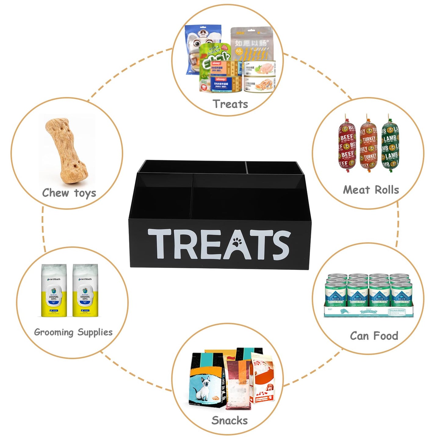 Brabtod Acrylic Dog Storage Organizer,Dog Treat Station with dividers,Trapezoid Dog Treat Container for Countertop,Cat Treat Storage Bin,Ideal for Dog Cat Bagged Snack or Can Food-Black