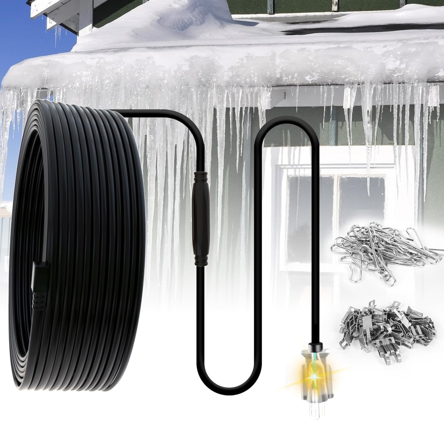 TOPDURE 60 feet Roof & Gutter Snow De-Icing Kit, 5W/ft Heat Tape for Roof and Gutters Ice Dam Prevention with 6 ft Power Cord, TDRD-300-1