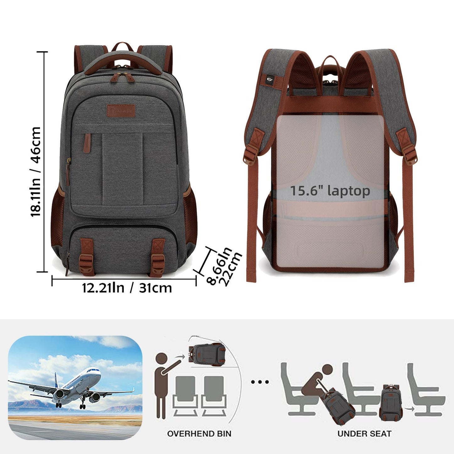 Tzowla Canvas Laptop Backpack Men,Bag for Women,School Travel College Work Rucksack Fits 15.6 Inch Laptop,Bookbag with USB Charging Port,Dark Grey