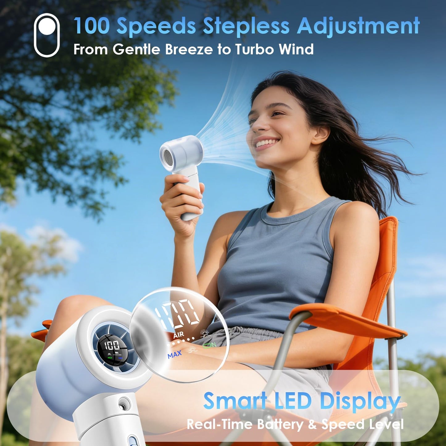 Karcusiny Portable Misting Fan Handheld Powerful Turbo Fan, 100 Speeds, 6000mAh Rechargeable Battery, LED Display, Spray Mist Personal Mini Fan for Travel, Beach, Outdoor Camping (Matte White)