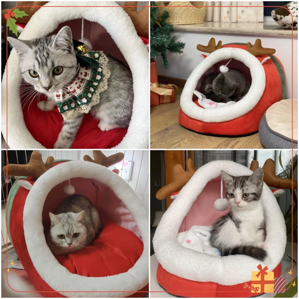Christmas Cat Bed for Indoor Cats, Semi-Enclosed Cat Cave Foldable Cat House with Removable Washable Cushion Cute Xmas Reindeer Ped bed with Hanging Plush Toy Ball for Cats Small Dogs Playing Sleeping