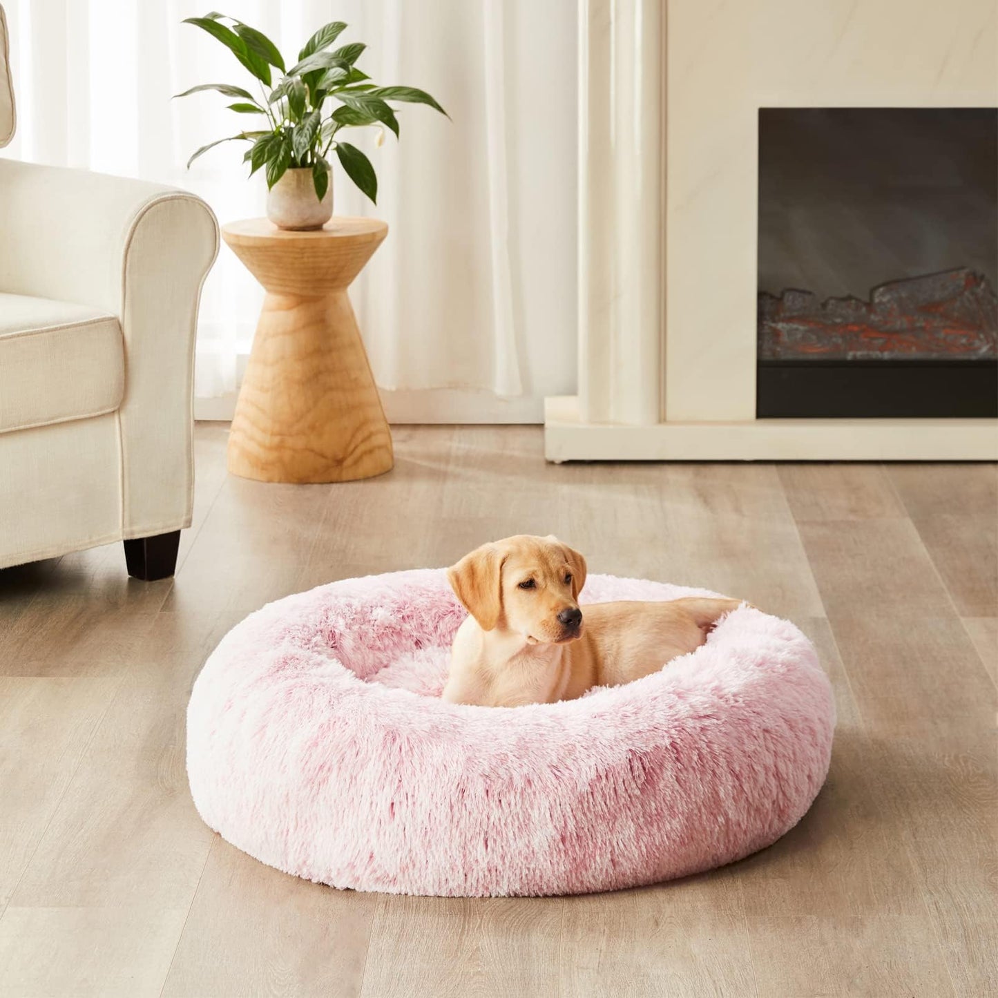 BFPETHOME Calming Dog Bed Cat Bed Donut, Faux Fur Pet Bed Self-Warming Donut Cuddler, Comfortable Round Plush Dog Beds (76 x 76 x 25 cm, Light Pink)