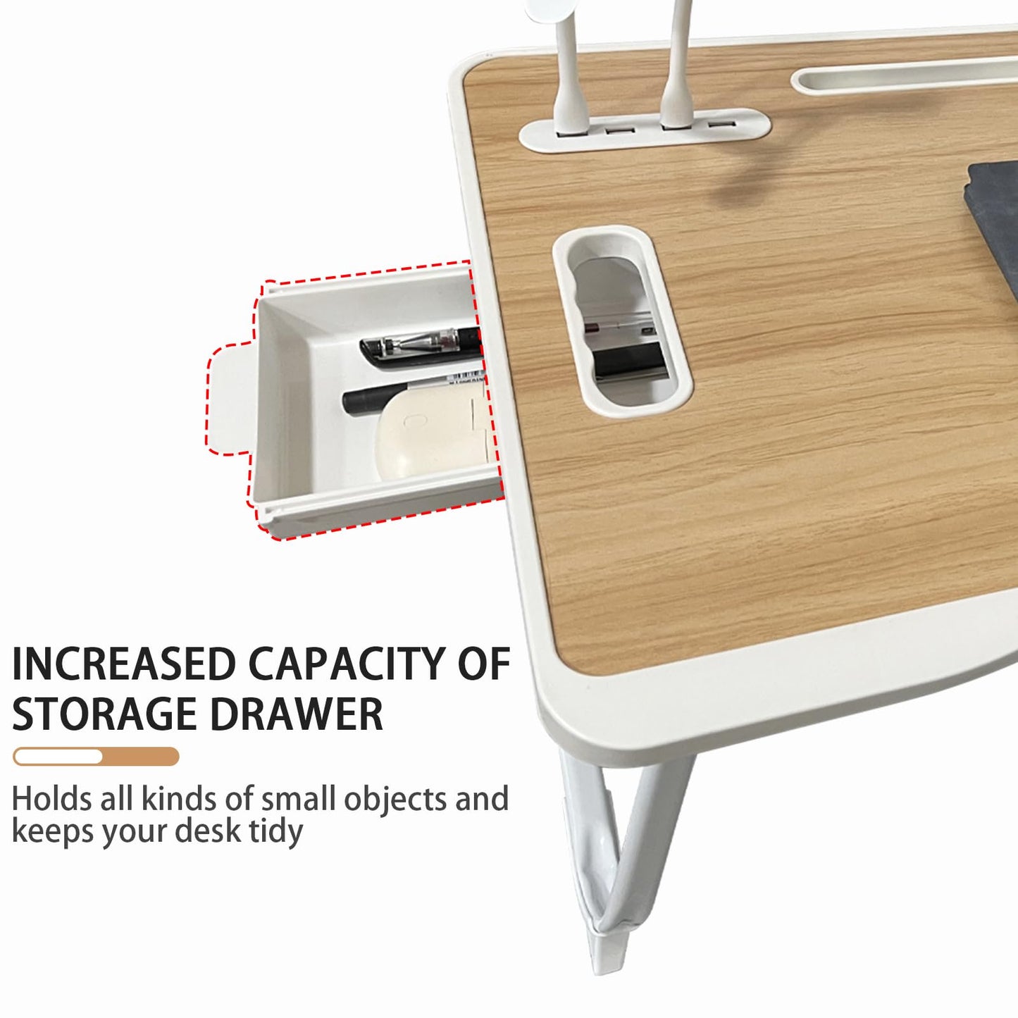 Laptop Desk for Bed, Bed Table with USB Charge Port, Foldable Laptop Table with Storage Drawer and Cup Holder, Laptop Bed Desk Tray for Writing Working Reading (Yellow)