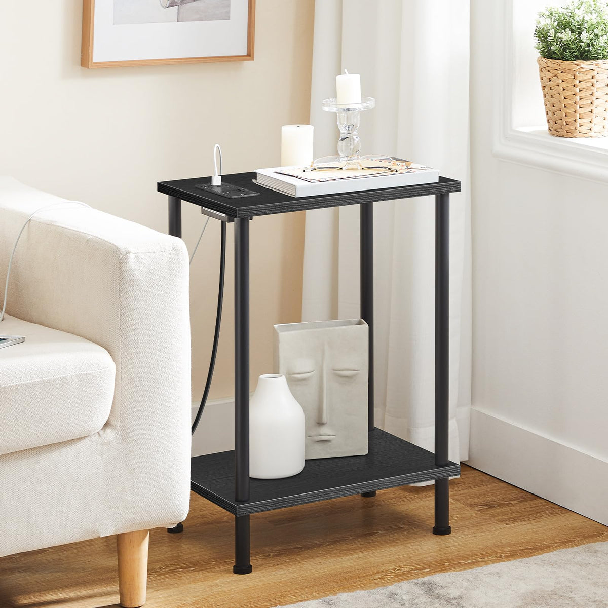 HOOBRO Set of 2 Side Table with Charging Station, End Table with USB Ports and Outlet, Nightstand with 2-Layer Storage Shelves for Small Spaces, Living Room, Bedroom, Stable Frame, Black BK09UBZP201