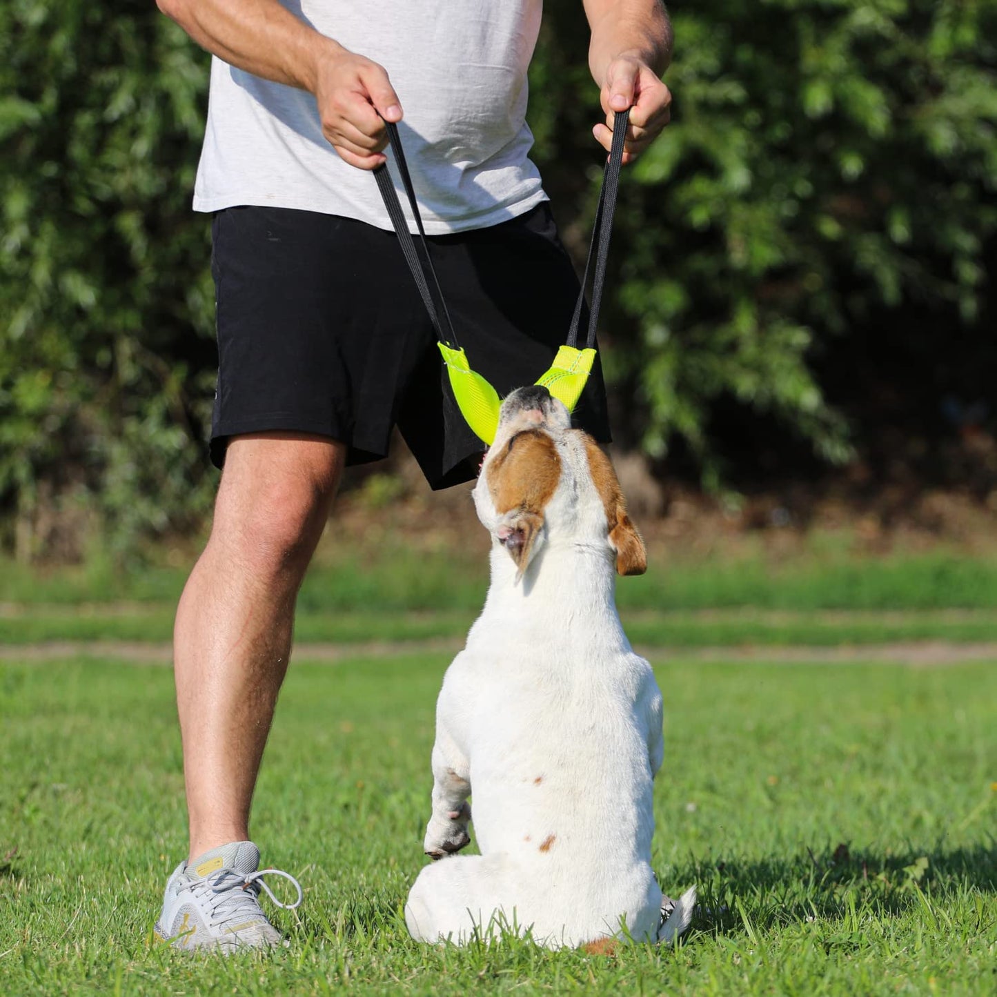 Bungee Dog Bite Tug Toy with 2 Strong Handles - Made of Durable & Tear-Resistant Fire Hose - Perfect for Tug of War, Fetch & Puppy K9 Training - Ideal Pull Toy for Medium to Large Dogs, Yellow