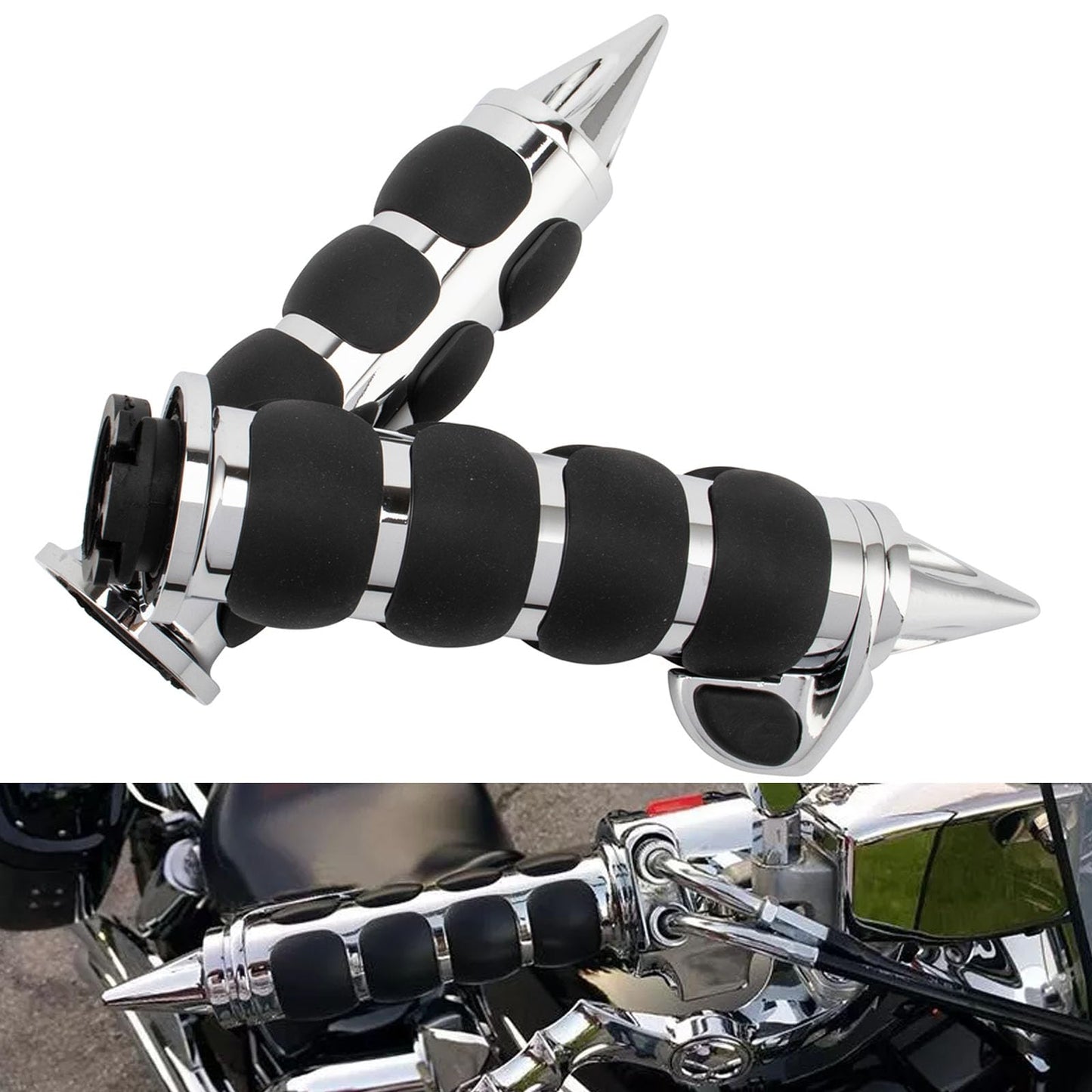 Motorcycle 1" Hand Grips Bar End Hand Handlebar Spike Chrome Black Aluminum Rubber