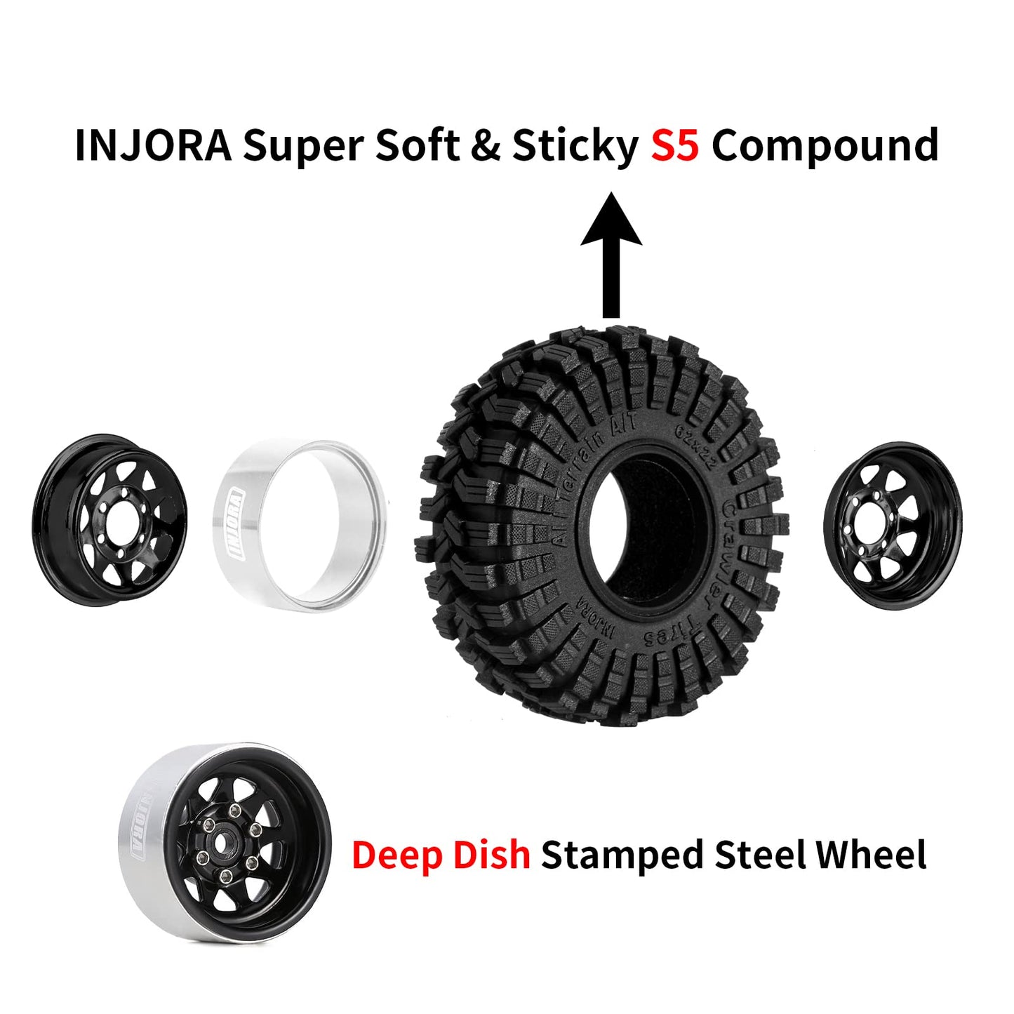 INJORA 1.0 Beadlock Wheel Tires Set -3.78mm Offset Wheel Rims for 1/18 1/24 RC Crawler Car Axial SCX24 FMS FCX24 TRX4M,Black (W1004-T1014)