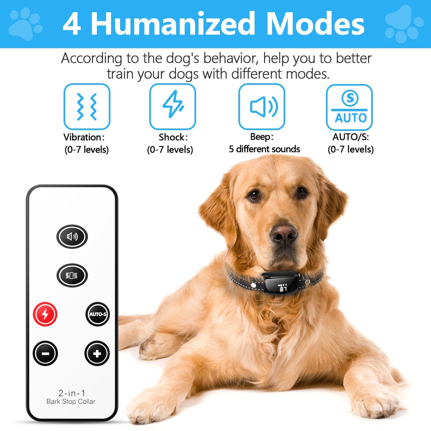 Bark Collar, Dog Training Collar with Remote, Barking Collar with 4 Modes 7 Sensitivity & 5 Sounds, IPX7 Waterproof Bark Collar for Large Medium Dog 15-120LBS