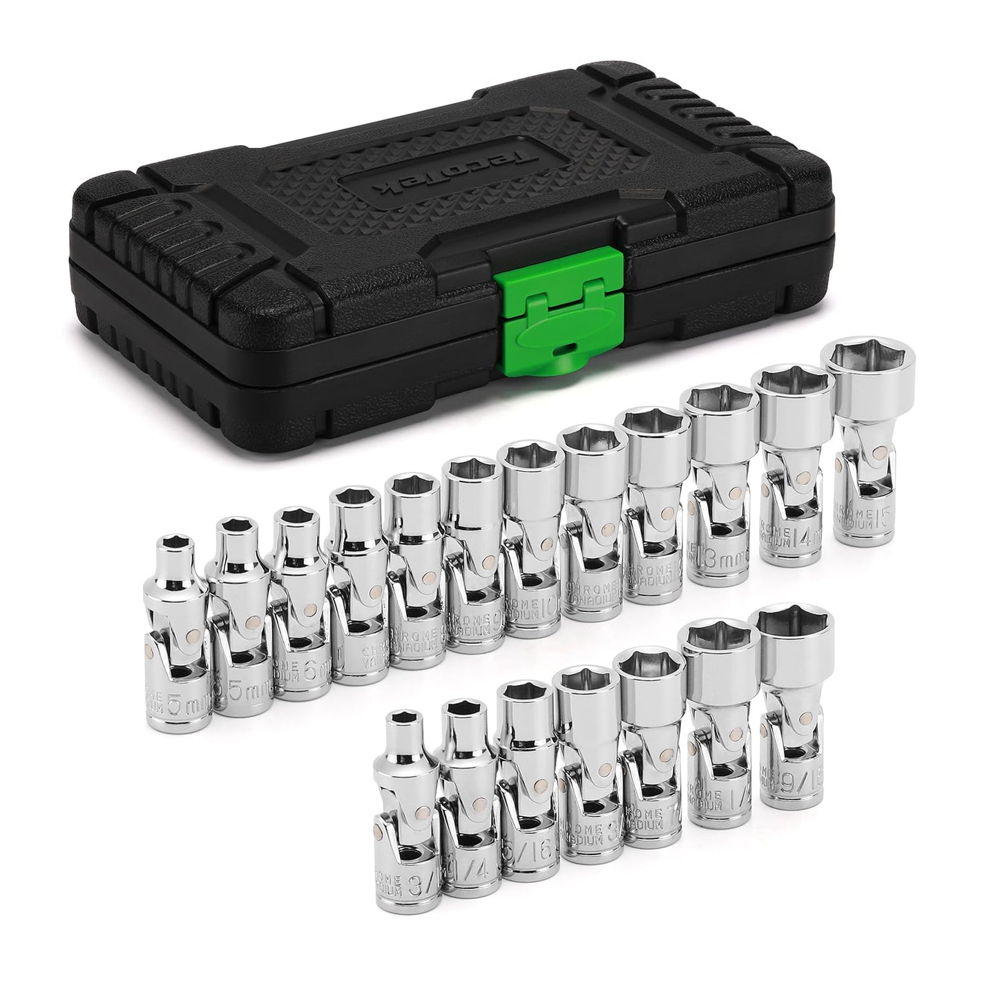 TecoTek 19-Piece 1/4-Inch Drive Universal Joint Socket Set, Swivel Socket Set, 6-Point, 5mm to 15mm, 3/16-Inch to 9/16-Inch, CR-V, Universal Flex Socket for Easier Access to Tight Spaces