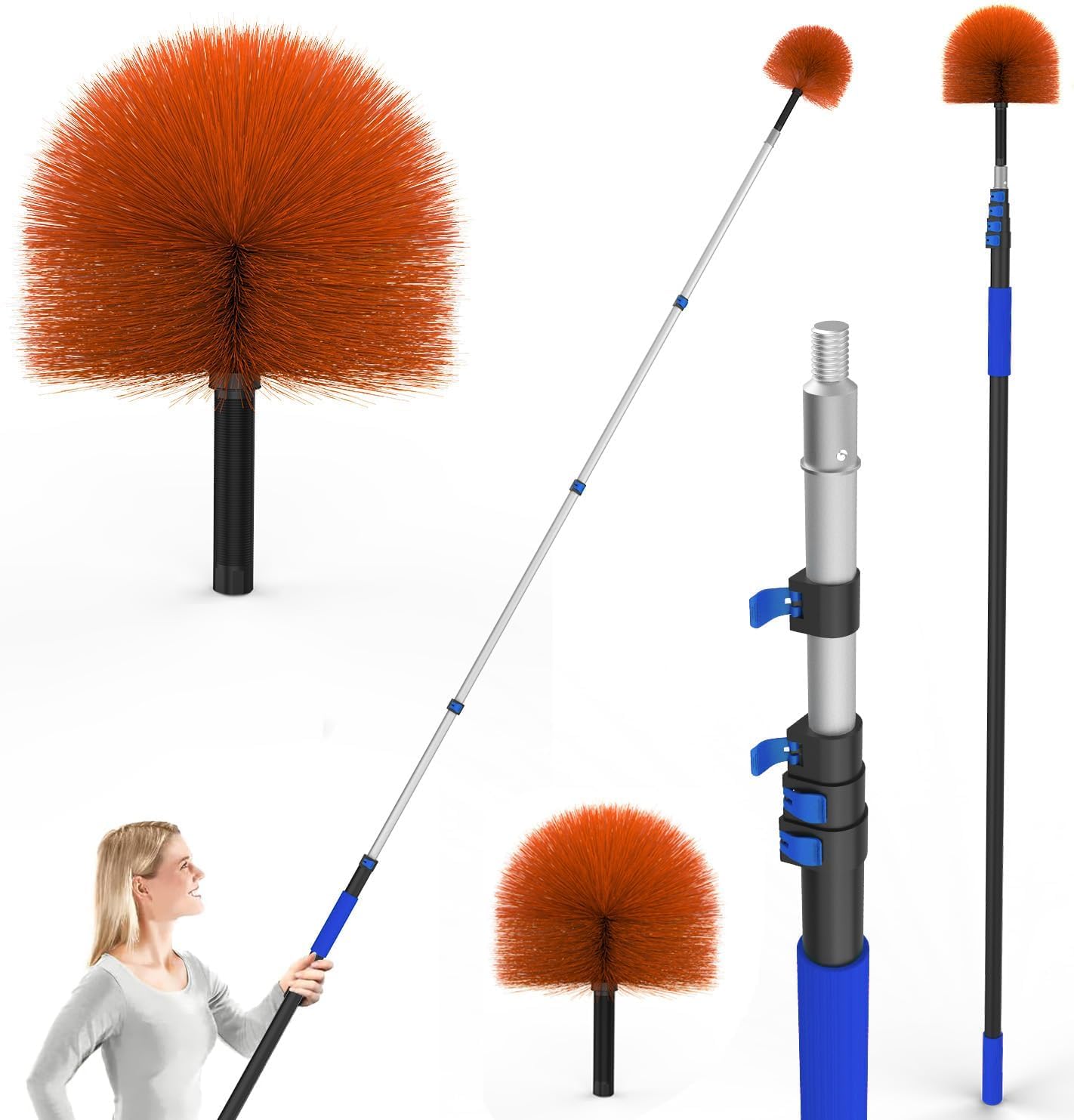 SKGPOLE 5-20 Foot Cobweb Duster with Telescopic Extension Pole, 26 Foot High Reach Aluminium Heavy Duty Sturdy Telescoping Pole, Medium Stiff Bristles Spider Web Brush for Outdoor & Indoor Cleaning