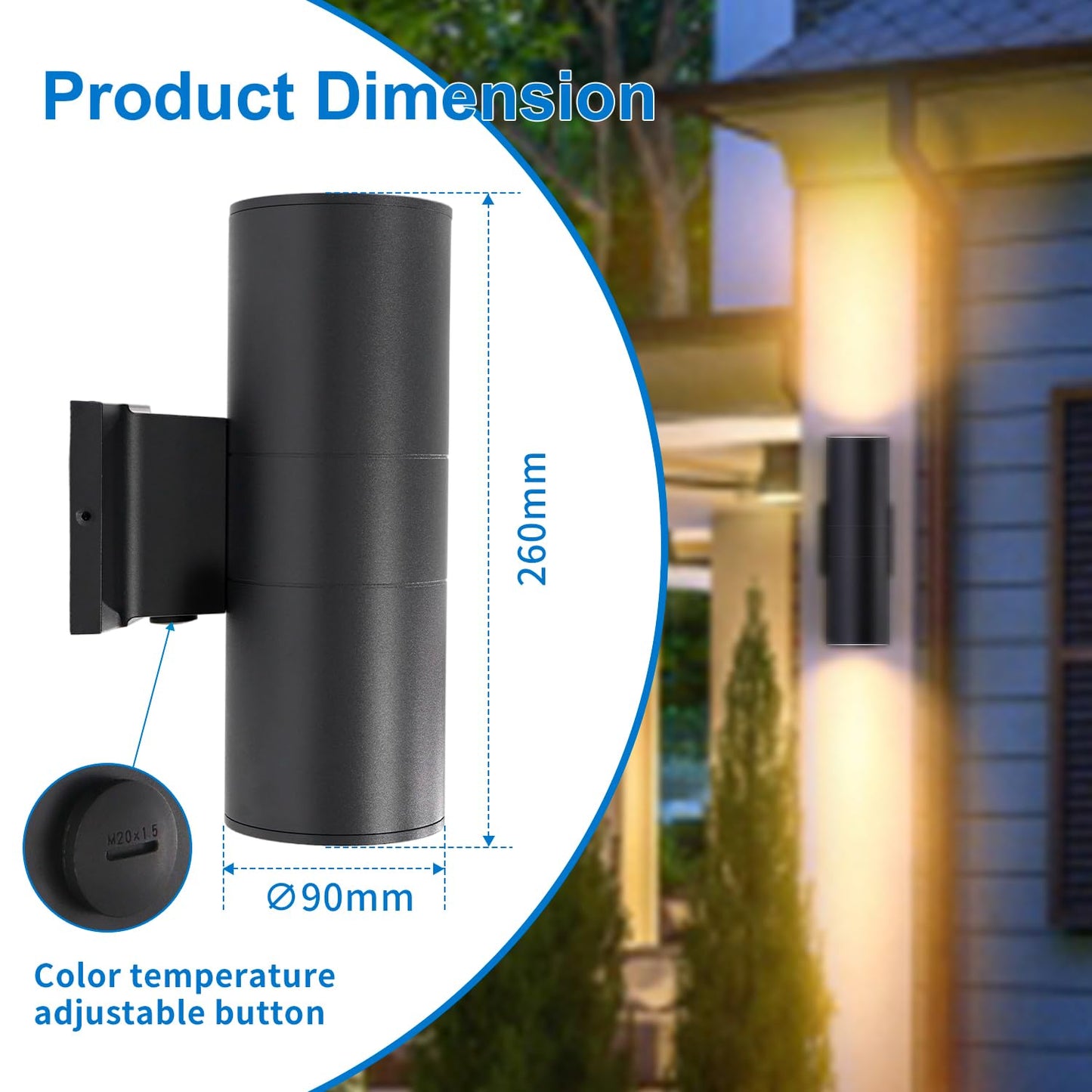 CSACCT LIGHT 20W Modern Outdoor Wall Lights, 2700K 3000K 3500K 4000K 5000K Waterproof LED Up Down Lighting, 2000LM Black Aluminum Cylinder Exterior Fixture for Home Porch Garage Patio, 2 Pack