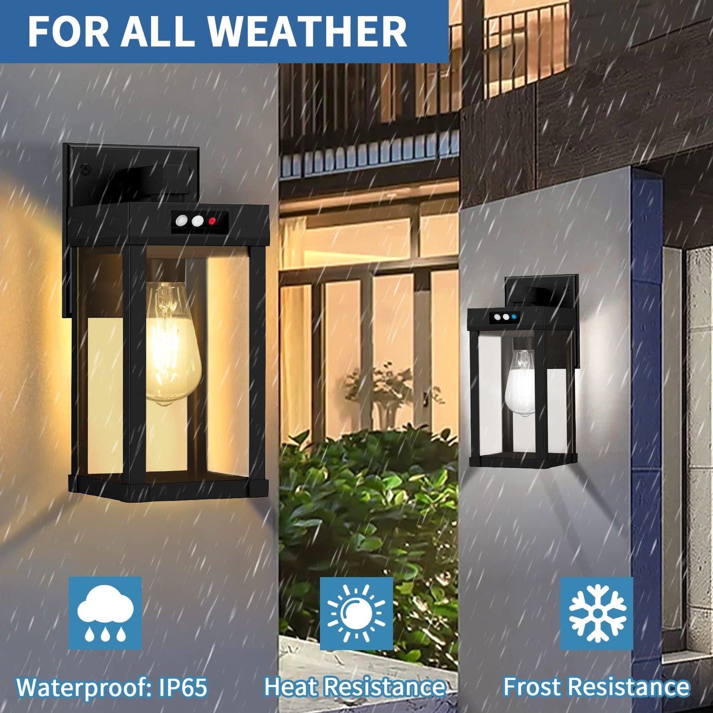 Aqonsie Solar Outdoor Wall Lantern with 3 Lighting Modes & Motion Sensor, 2 Bulbs (Warm White & Cool), Black, 5.8 x 5.8 x 13.58 inches, Porch