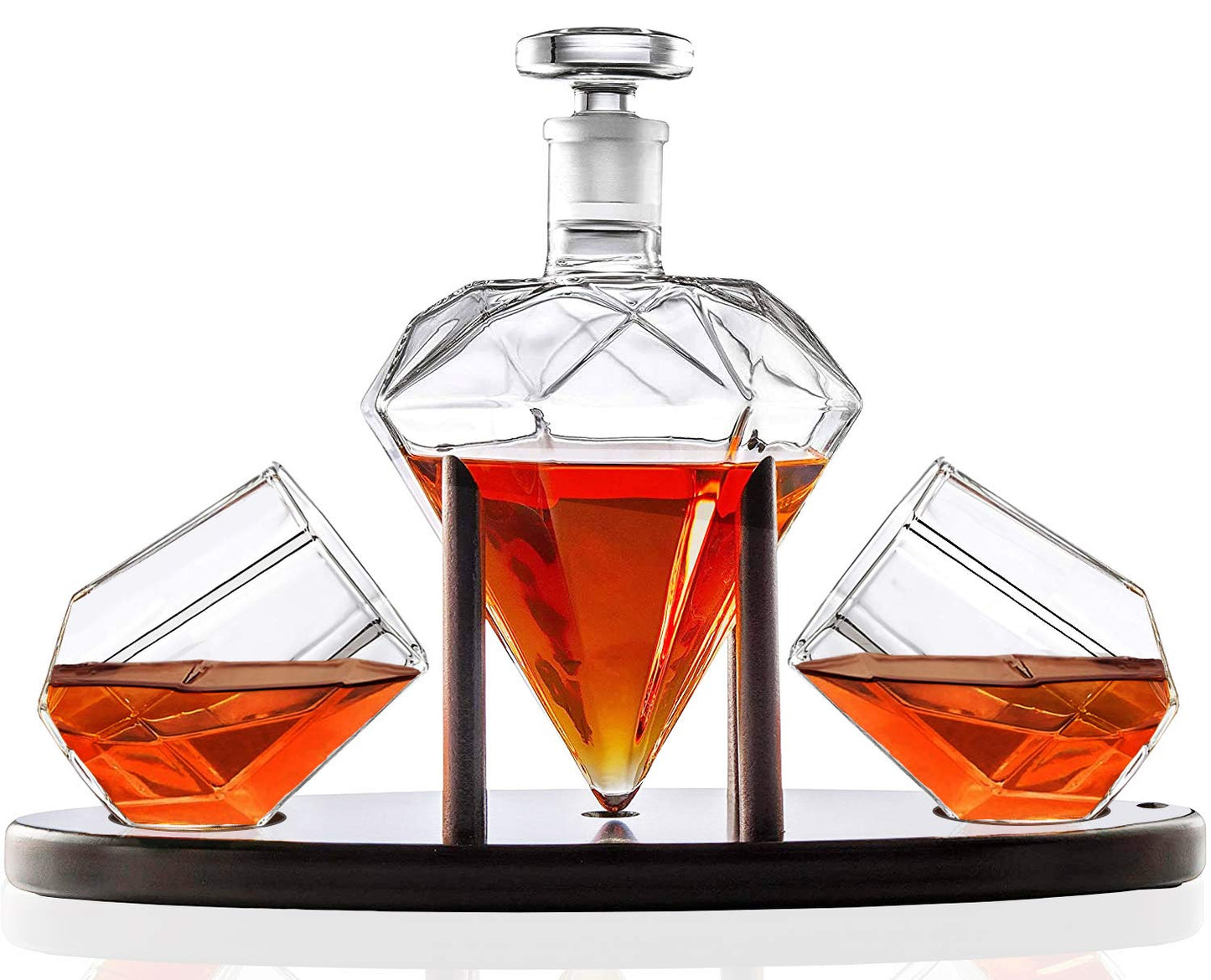 RUGLUSH Diamond Whiskey Decanter With 2 Diamond Glasses & Mahogany Wooden Holder ââ‚¬â€œ Elegant Handcrafted Crafted Glass Decanter For Liquor Scotch Rum Bourbon Vodka Tequila ââ‚¬â€œ Great Gift Idea ââ‚¬â€œ 750ml