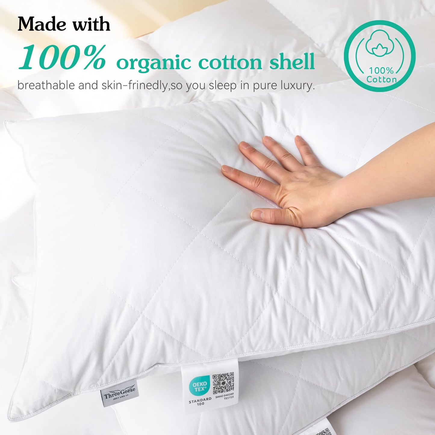 White Goose Feather Bed Pillow - 600 Thread Count Egyptian Cotton , Medium Firm,Soft Support Queen Size,White Solid (Queen Size:One pillow)