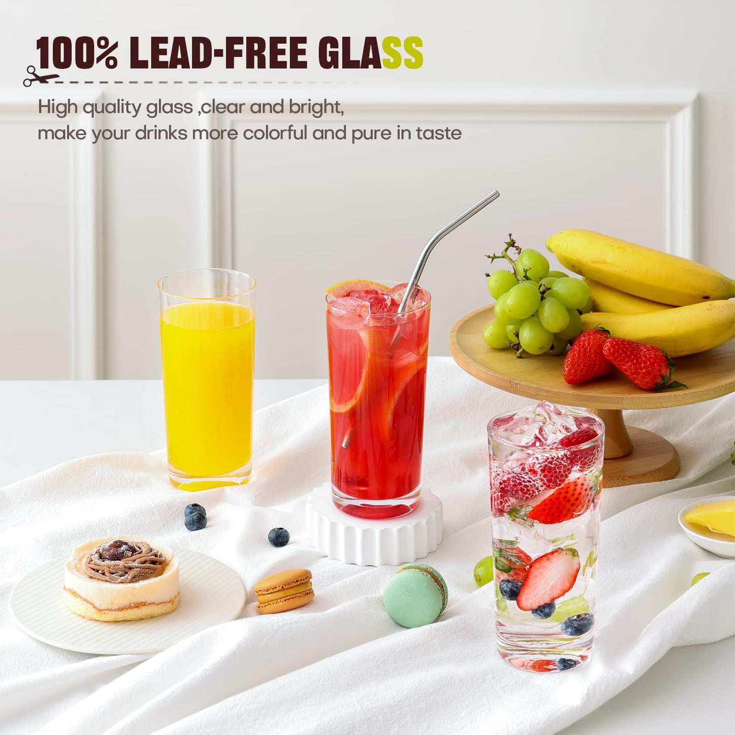 OUWO Highball Glasses Set of 6, 16oz Tall Drinking Glasses, Water Glass for Kitchen, Tom Collins Glass, Cocktail Glasses for Bar Glassware