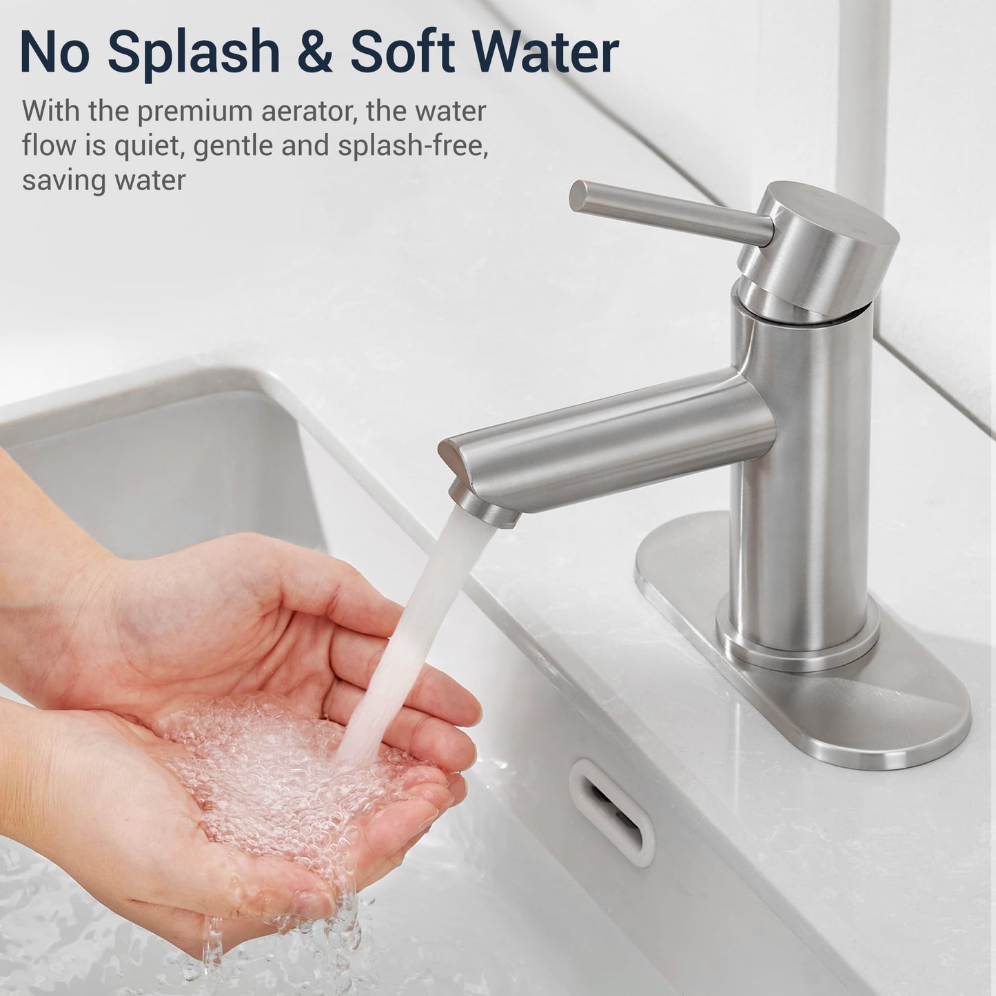 KPW Bathroom Faucets Lavatory Faucet Single Handle Brushed Nickel Stainless Steel Faucet Deck Mount 1 or 3 Hole with Deck and Pop-up Drain Water Supply Hoses