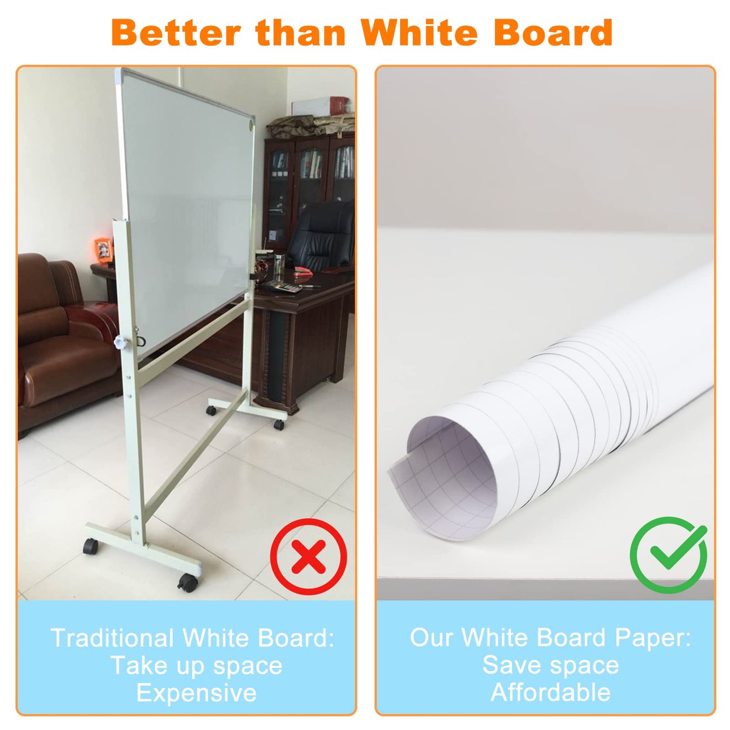 Nortix White Board Wallpaper, Modern Style Whiteboard Contact Paper, Super Sticky Whiteboard Sticker Wall Decal on Wall, Table, Doors, No Ghosting, 1 Piece (3 x 4 ft)