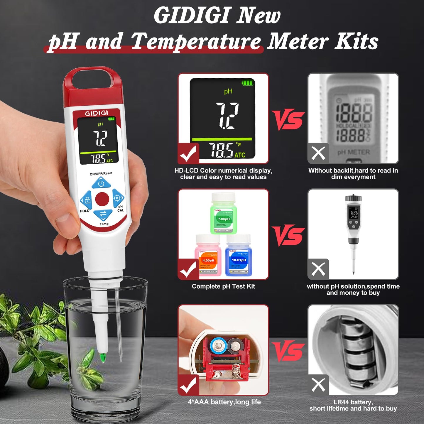 GIDIGI Digital pH Meter for Food Professional pH Meter for Fermentation with pH Calibration Kits (4.00/7.00/10.01) Spear Tip pH Food Tester Probe for Cheese Sourdough pH Test Strips for Food Acidity