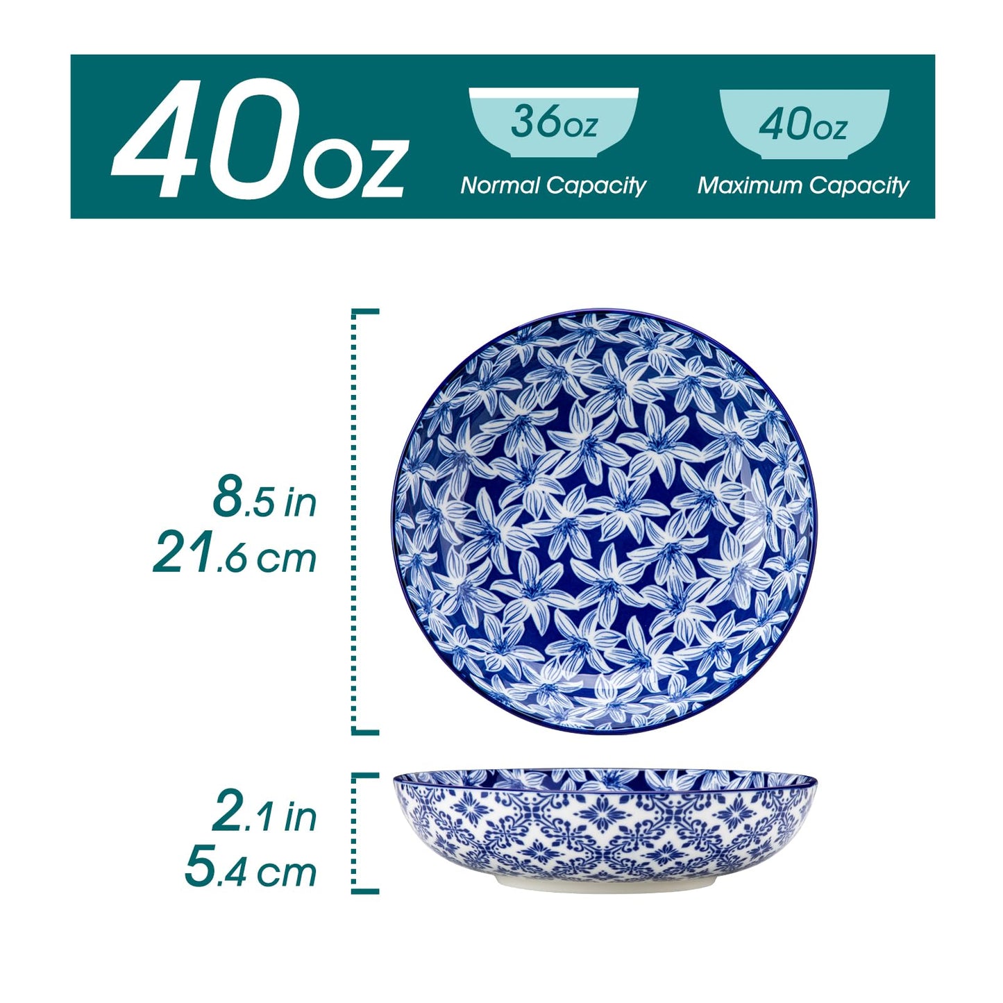 vancasso Selene 8.5" Pasta Bowls Set of 6, 40 oz Porcelain Shallow Salad Bowls, Serving Bowls Large Bowl Plates Pasta Plates, Blue & White Floral Design, Microwave Safe