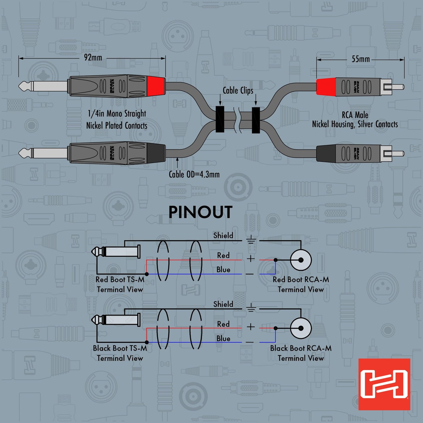 Hosa HPR-010X2 Pro Dual Cable 1/4-Inch TS - RCA 10 Feet