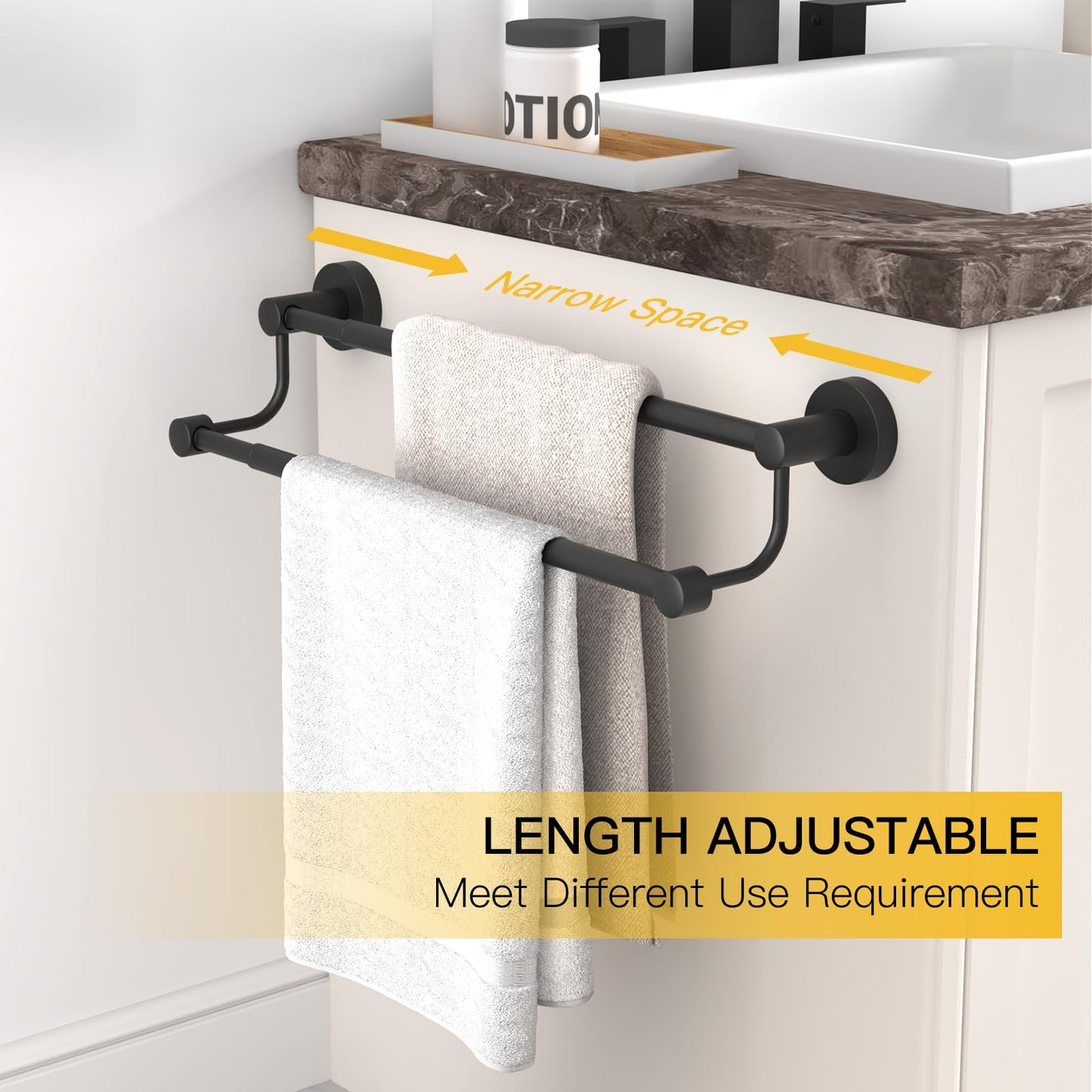 BESy Adjustable 16-26 Inches Double Towel Bar for Bathroom SUS304 Stainless Steel Towel Holder, Hotel Style Wall Mount with Screws Hand Towel Bar Towel Rack Rod Hanger, Matte Black Finish