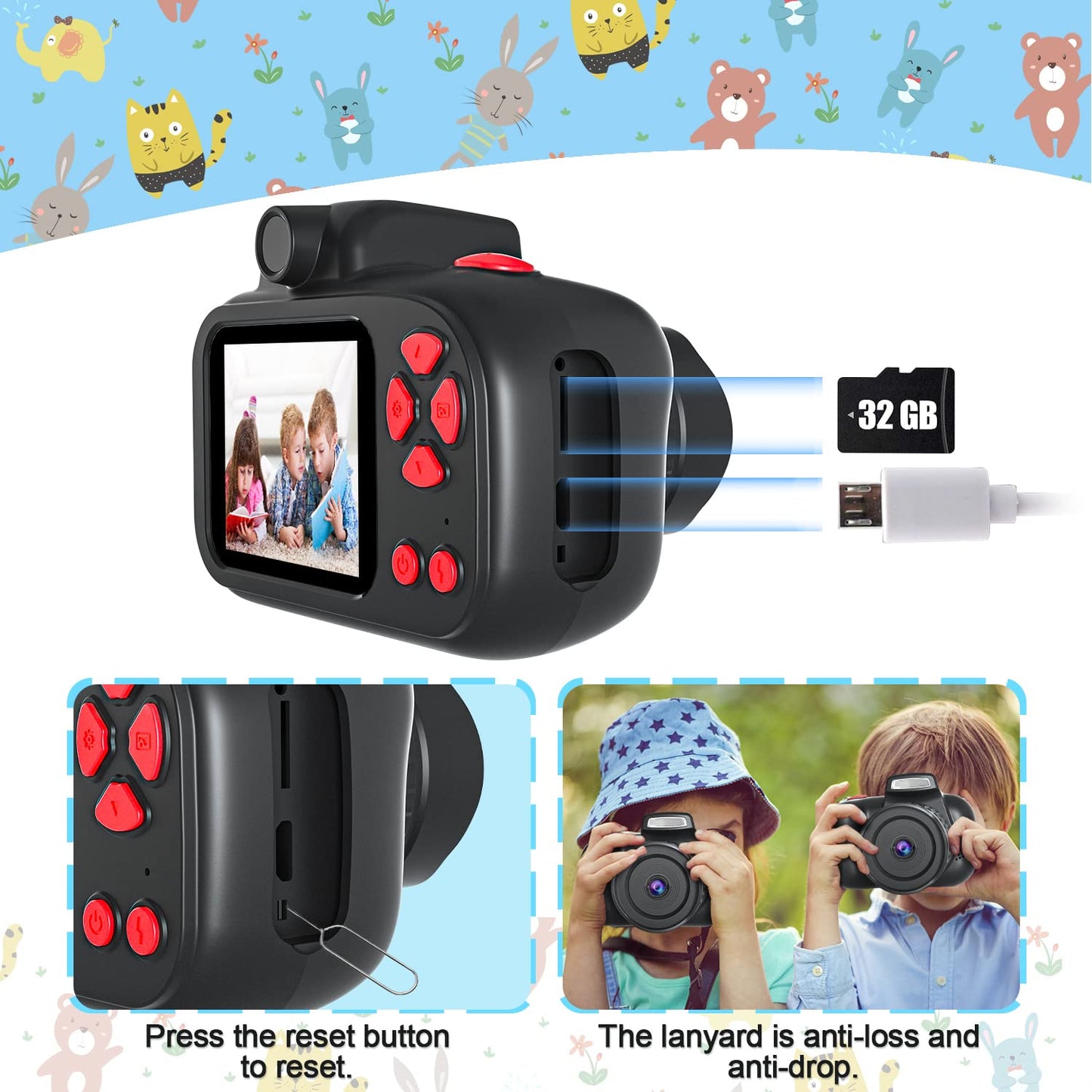 CIMELR Kids Camera, Digital Camera for Kids 4-12 Year Old Boys/Girls, 2.4 inch IPS Screen Toddler Camera, Christmas Birthday Gifts, Video Camcorder with Fill Light, 32GB TF Card (Black)