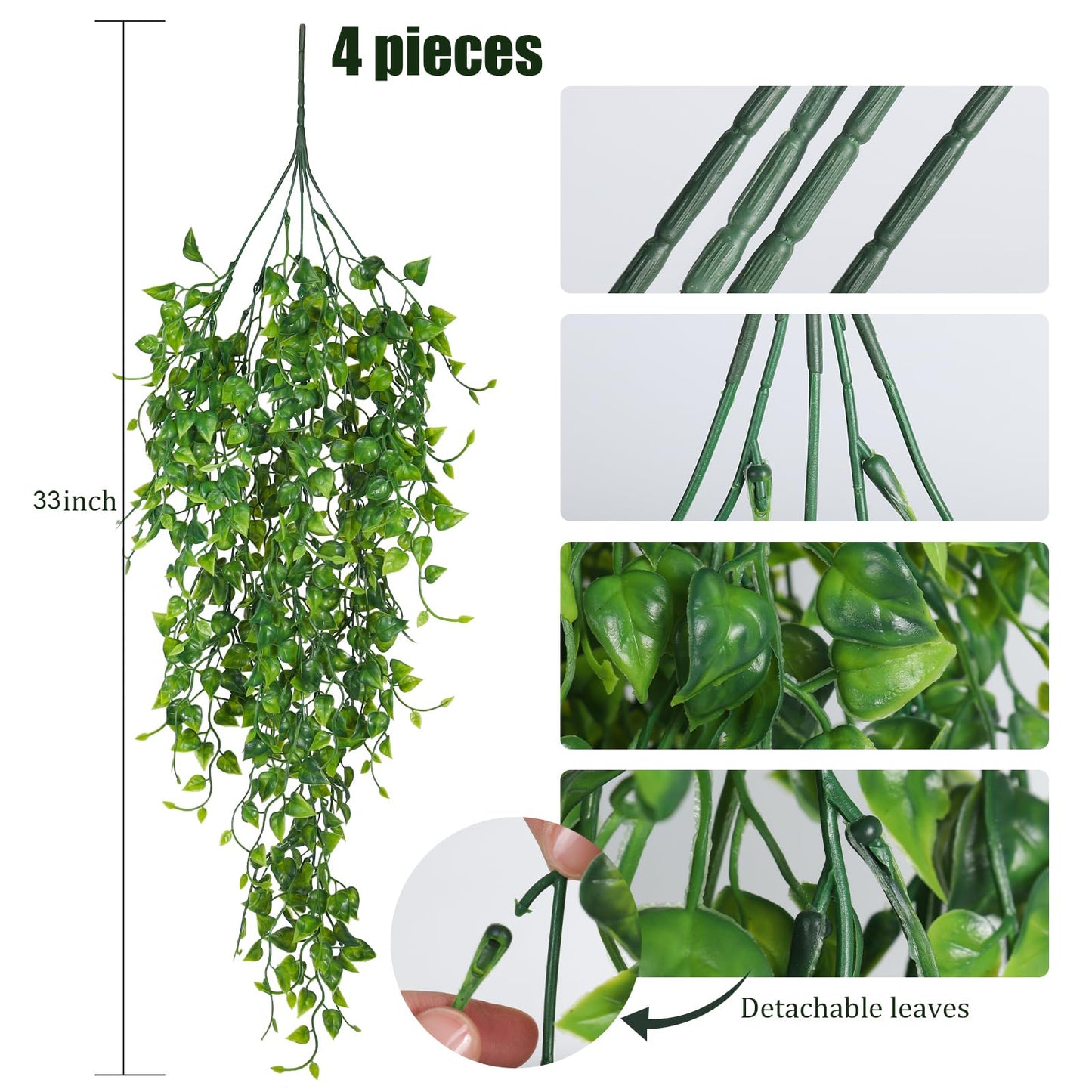 RECUTMS 4 Pcs Artificial Hanging Eucalyptus Greenery Plants 33Inch Fake Wall Swags Plant Faux Leaves Ivy UV Resistant Pothos Indoor Outdoor Home Garden Wedding Jungle Party Patio Spring Decor