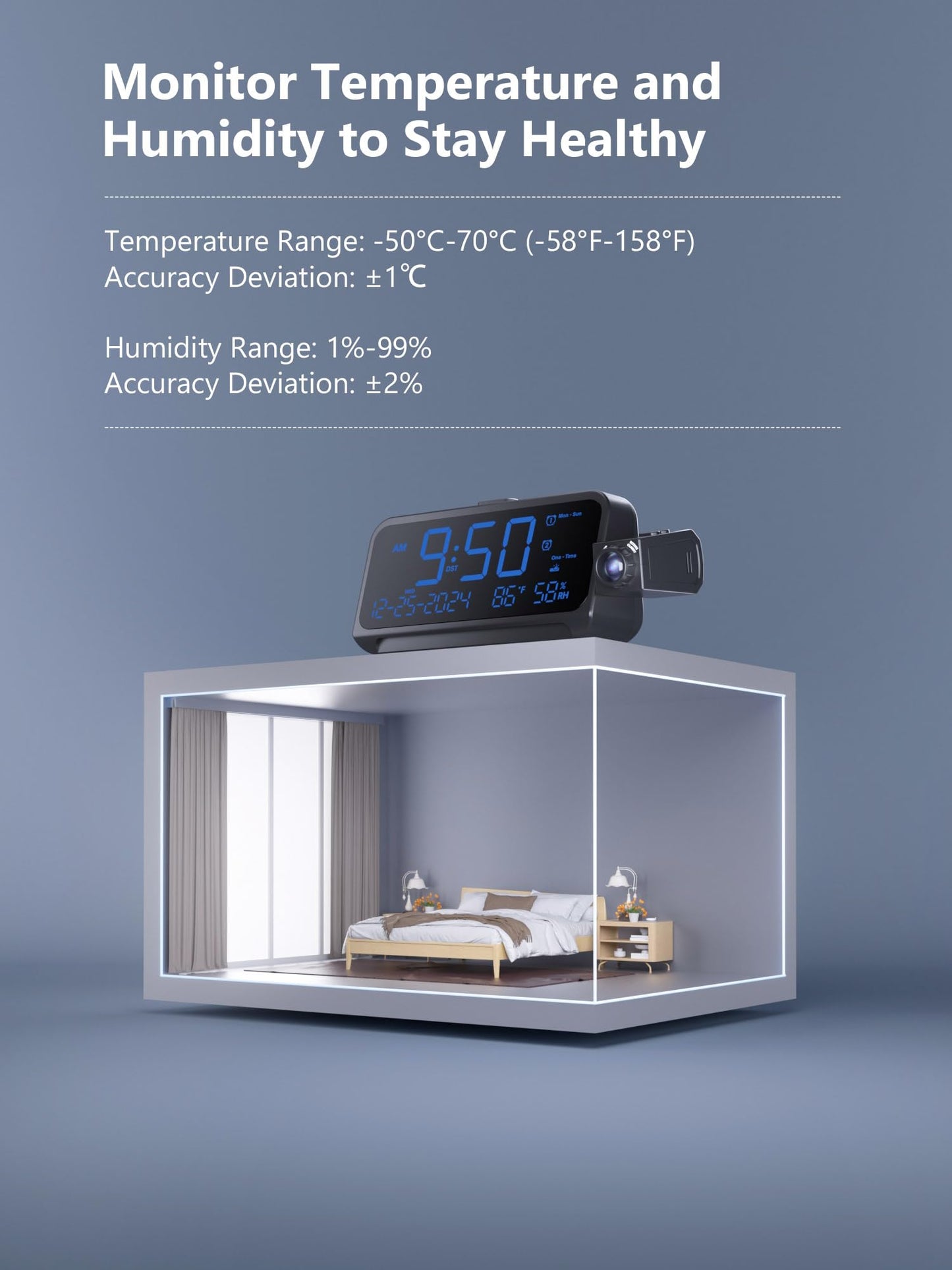 Projection Alarm Clock, Digital Clock with Night Light on Ceiling Wall, 350°Rotatable Projector, 5-Level Dimmer, Type-C USB Charger, Temperature & Date Display, 12/24H, Dual Alarm Clock for Bedroom